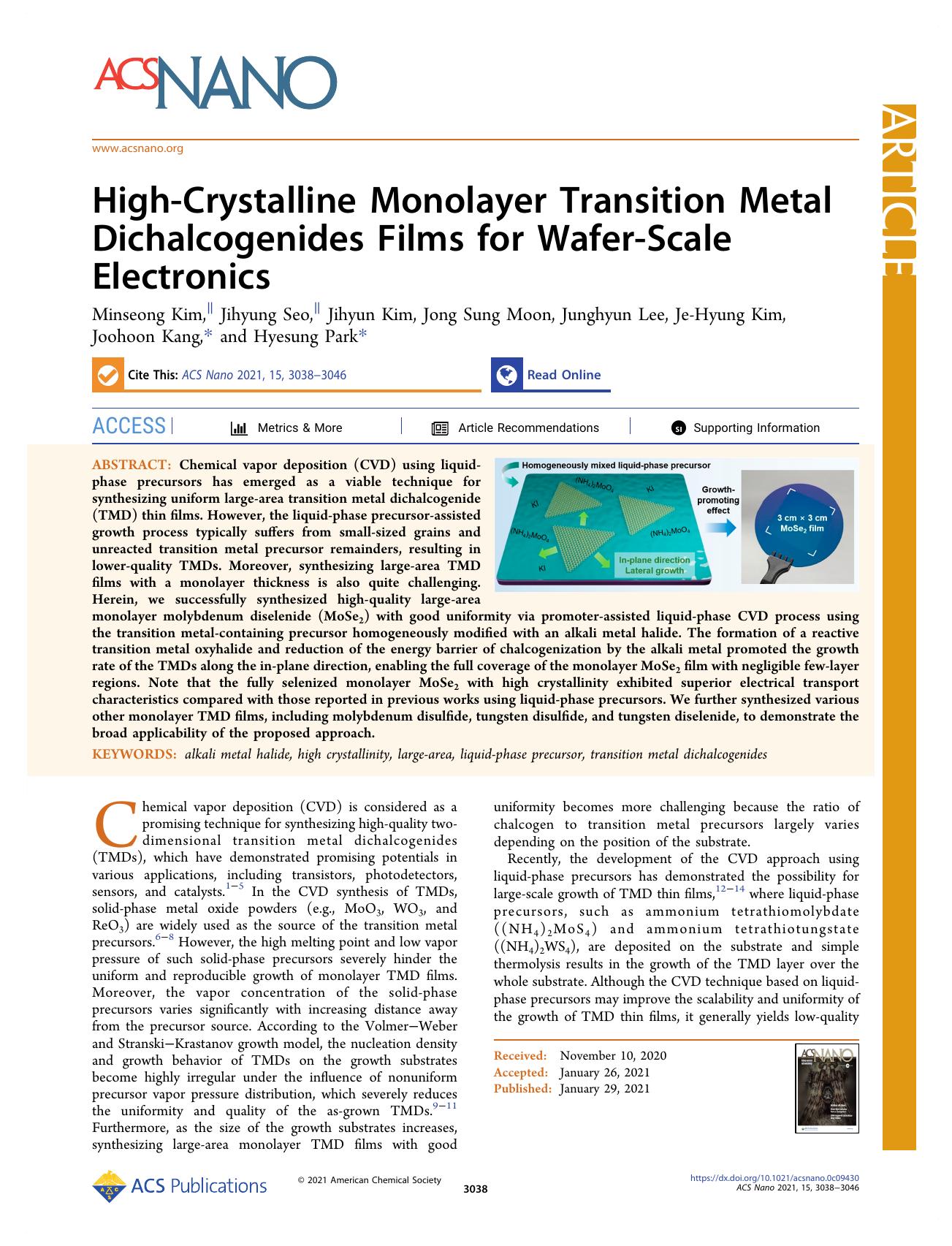 High-Crystalline Monolayer Transition Metal Dichalcogenides Films for Wafer-Scale Electronics by unknow