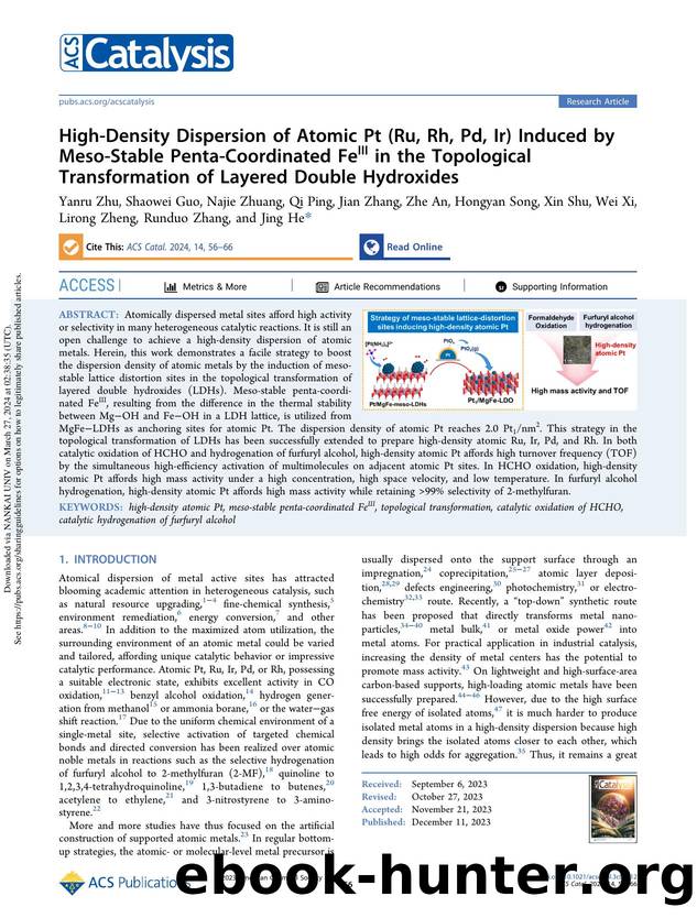 High-Density Dispersion of Atomic Pt (Ru, Rh, Pd, Ir) Induced by Meso-Stable Penta-Coordinated FeIII in the Topological Transformation of Layered Double Hydroxides by unknow