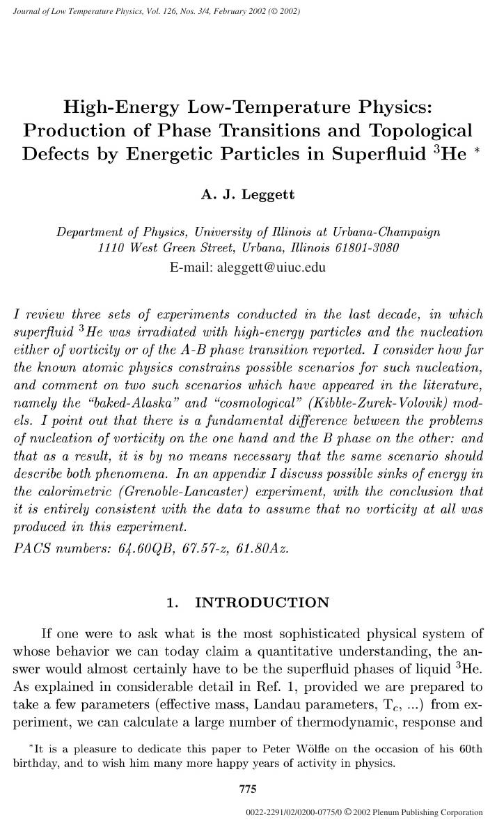 High-Energy Low-Temperature Physics: Production of Phase Transitions and Topological Defects by Energetic Particles in Superfluid 3He by Unknown