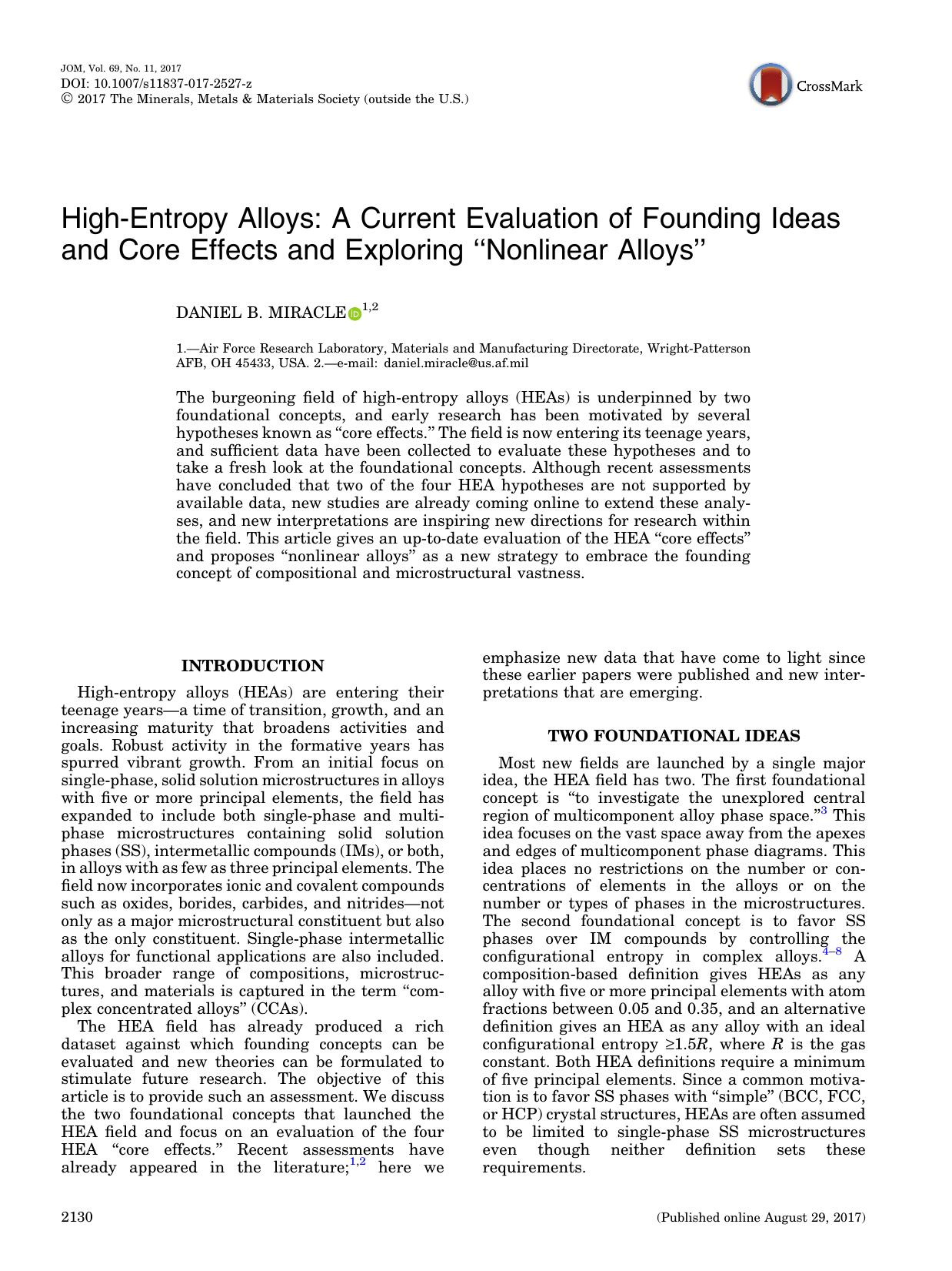 High-Entropy Alloys: A Current Evaluation of Founding Ideas and Core Effects and Exploring âNonlinear Alloysâ by Daniel B. Miracle