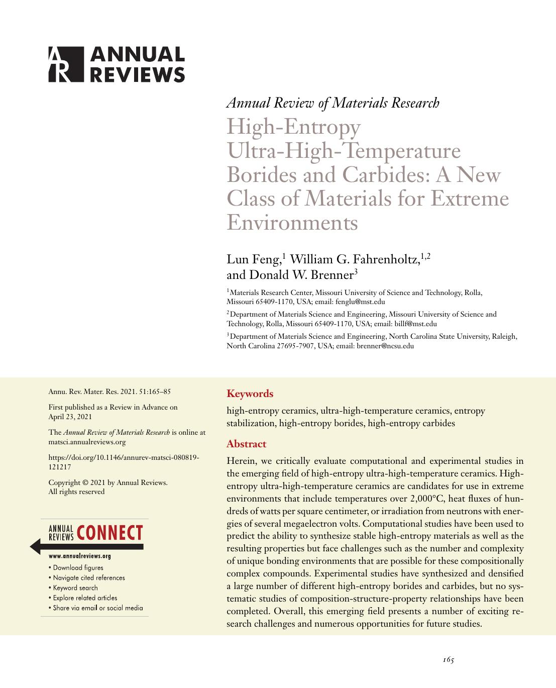 High-Entropy Ultra-High-Temperature Borides and Carbides: A New Class of Materials for Extreme Environments by Lun Feng William G. Fahrenholtz Donald W. Brenner