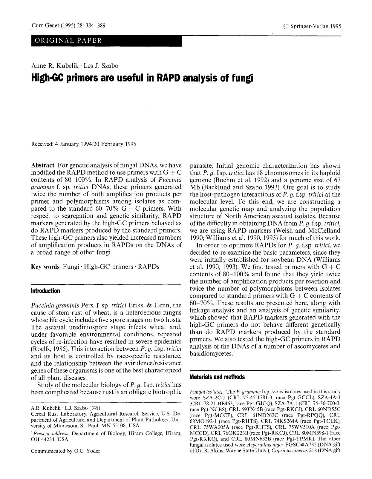 High-GC primers are useful in RAPD analysis of fungi by Unknown