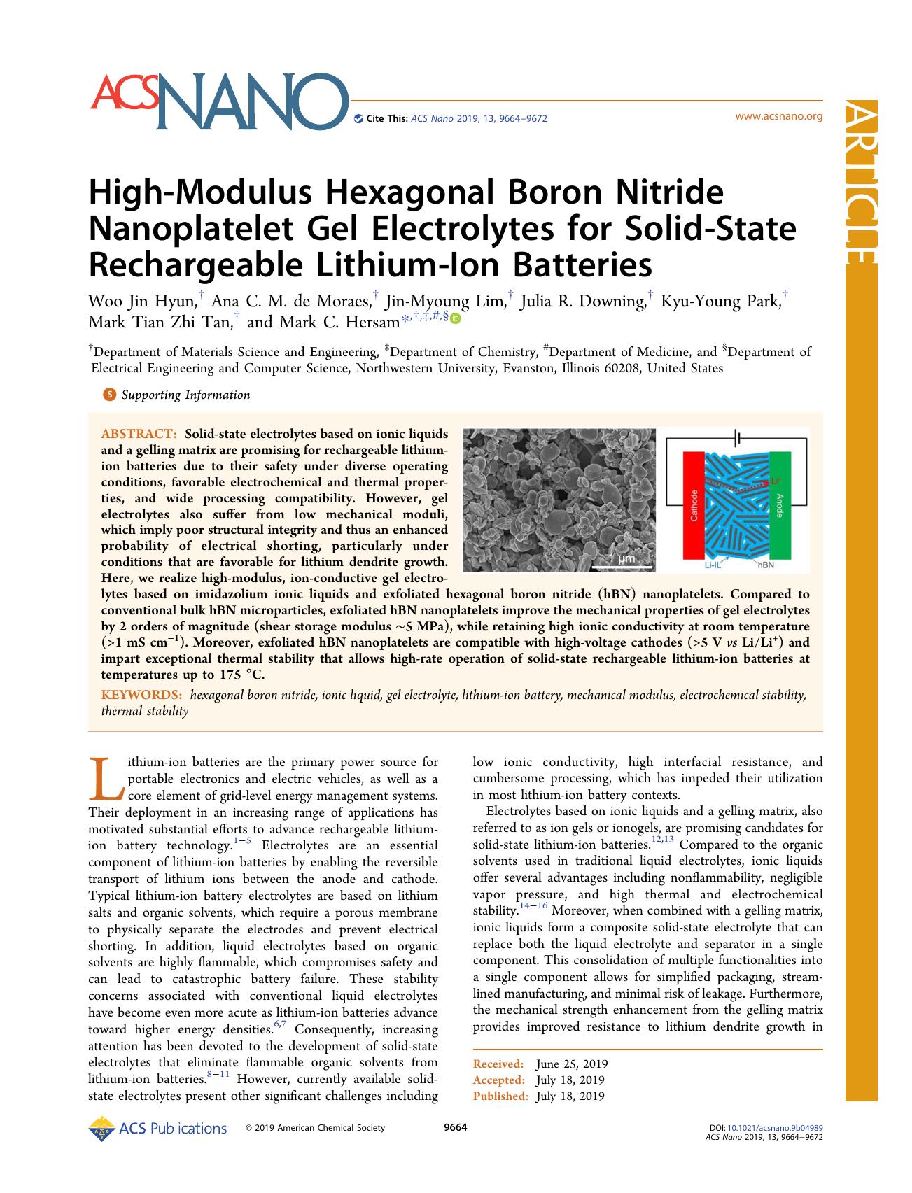 High-Modulus Hexagonal Boron Nitride Nanoplatelet Gel Electrolytes for Solid-State Rechargeable Lithium-Ion Batteries by unknow