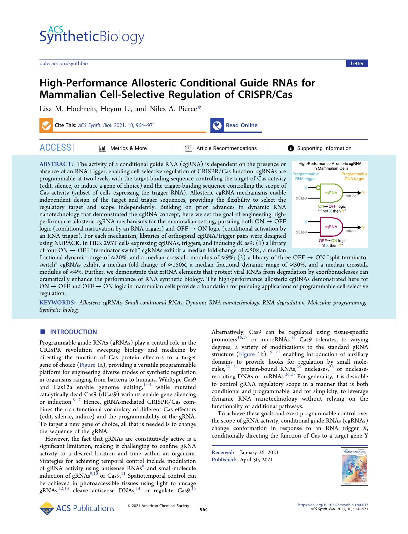 High-Performance Allosteric Conditional Guide RNAs for Mammalian Cell-Selective Regulation of CRISPRCas by Lisa M. Hochrein Heyun Li and Niles A. Pierce