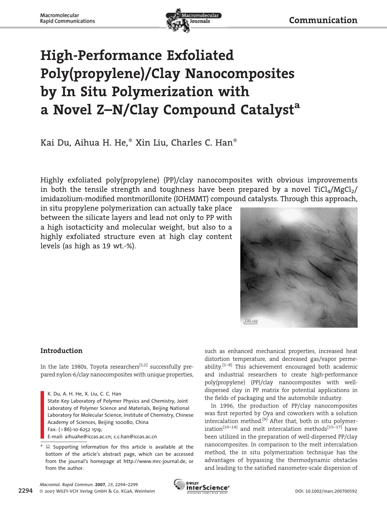 High-Performance Exfoliated Poly(propylene)Clay Nanocomposites by In Situ Polymerization with a Novel Z-NClay Compound Catalyst by Unknown