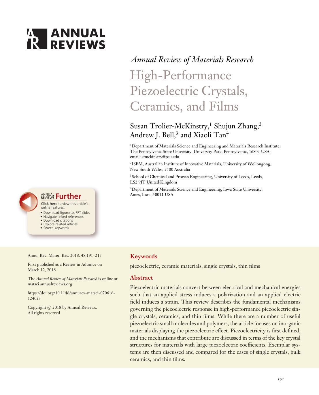 High-Performance Piezoelectric Crystals, Ceramics, and Films by Susan Trolier-McKinstry Shujun Zhang Andrew J. Bell Xiaoli Tan