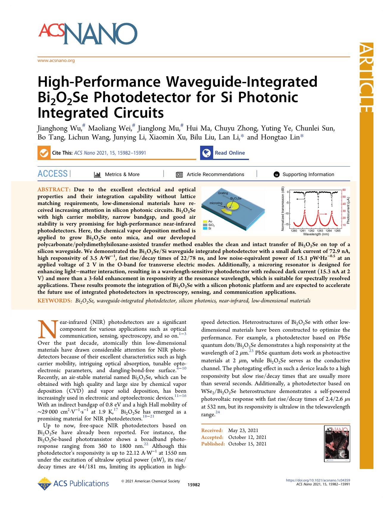 High-Performance Waveguide-Integrated Bi2O2Se Photodetector for Si Photonic Integrated Circuits by unknow