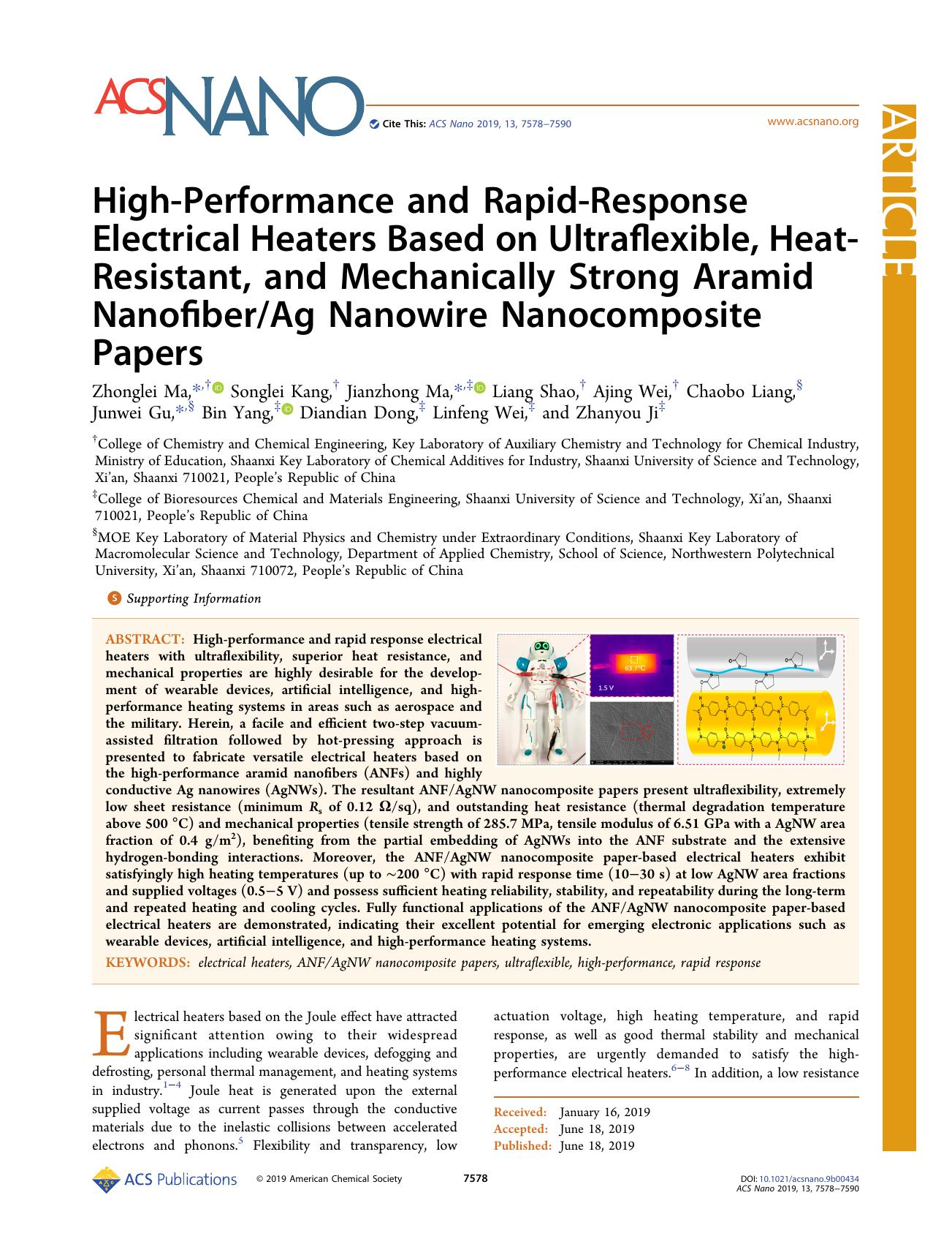 High-Performance and Rapid-Response Electrical Heaters Based on Ultraflexible, Heat-Resistant, and Mechanically Strong Aramid NanofiberAg Nanowire Nanocomposite Papers by unknow