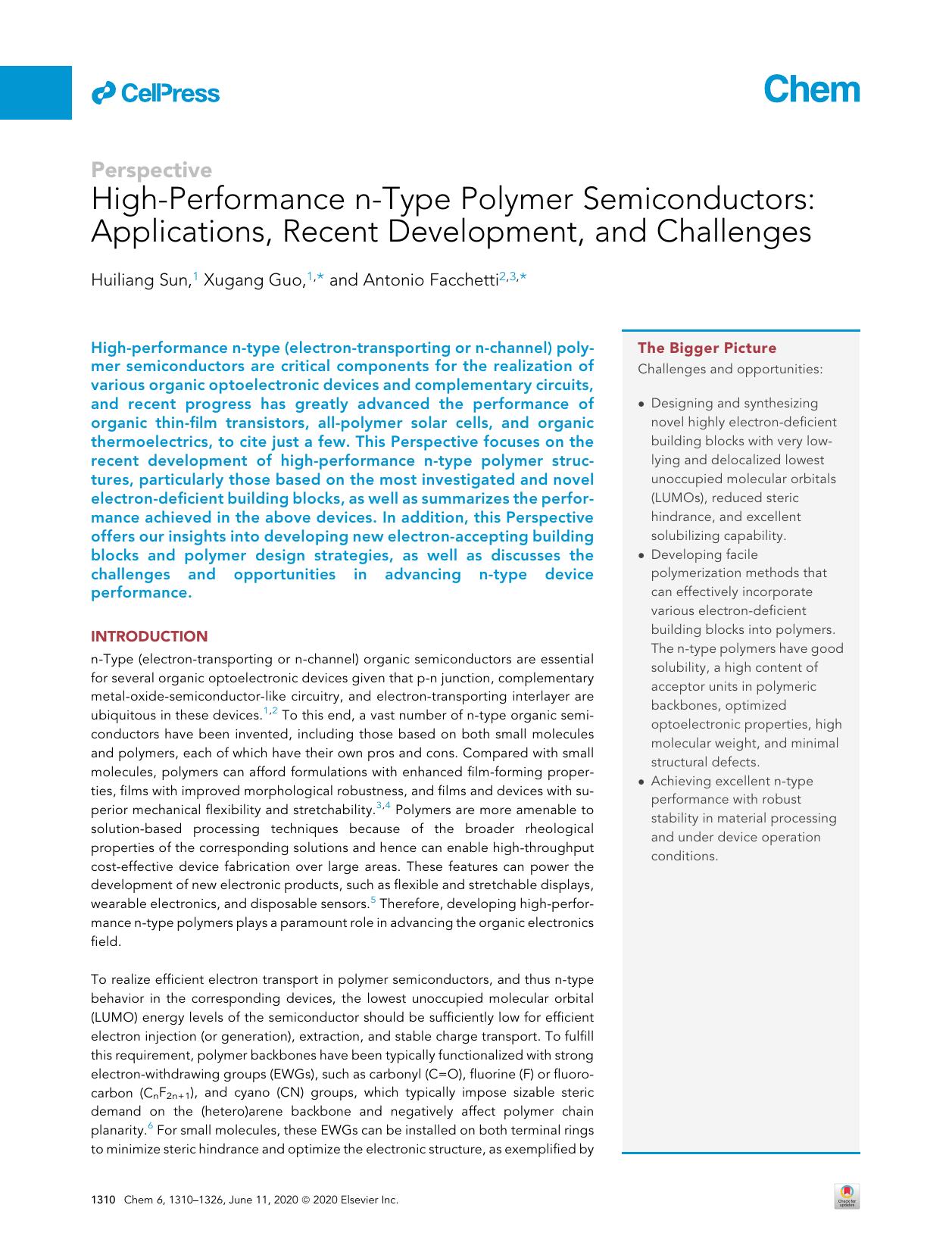 High-Performance n-Type Polymer Semiconductors: Applications, Recent Development, and Challenges by Huiliang Sun & Xugang Guo & Antonio Facchetti