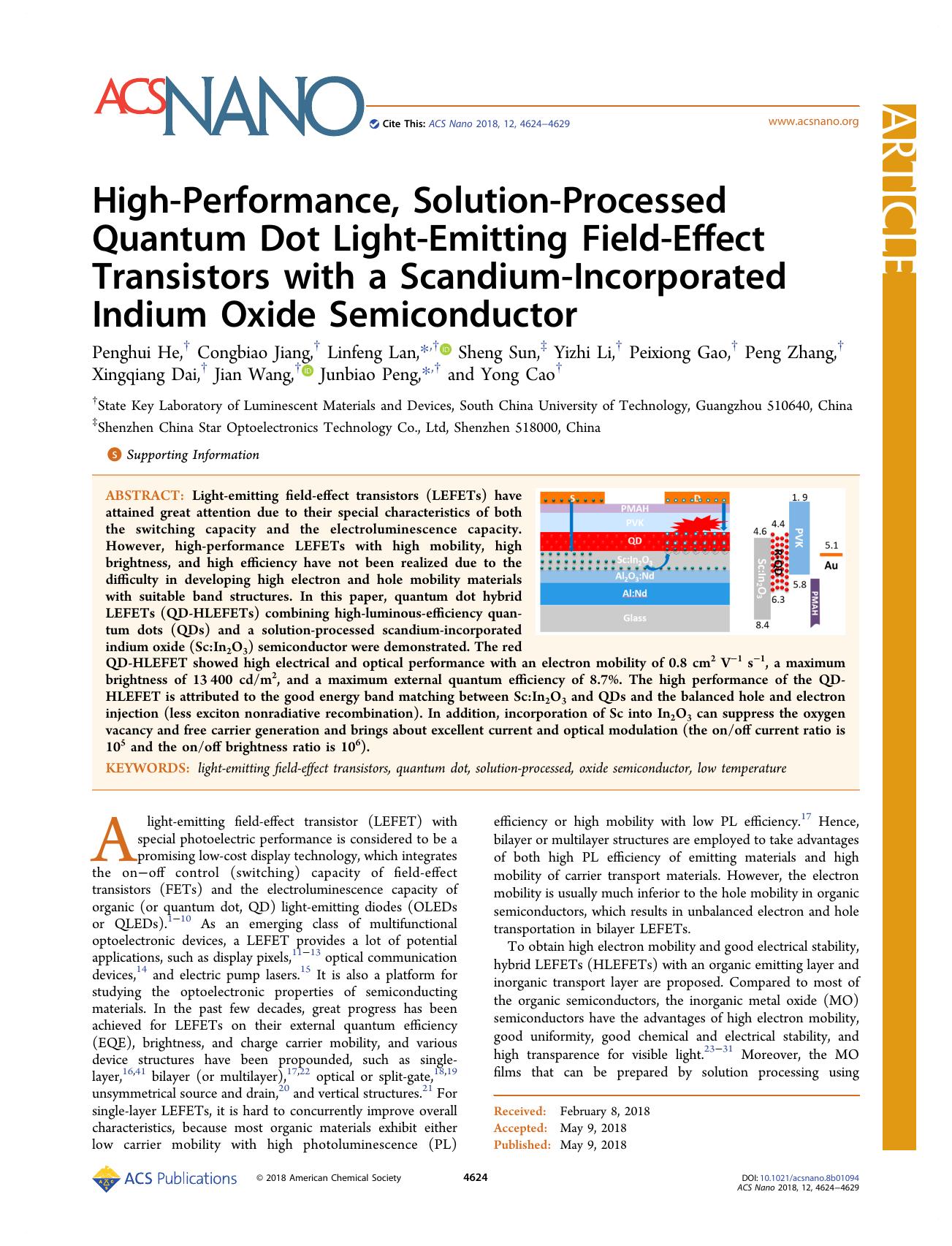 High-Performance, Solution-Processed Quantum Dot Light-Emitting Field-Effect Transistors with a Scandium-Incorporated Indium Oxide Semiconductor by unknow