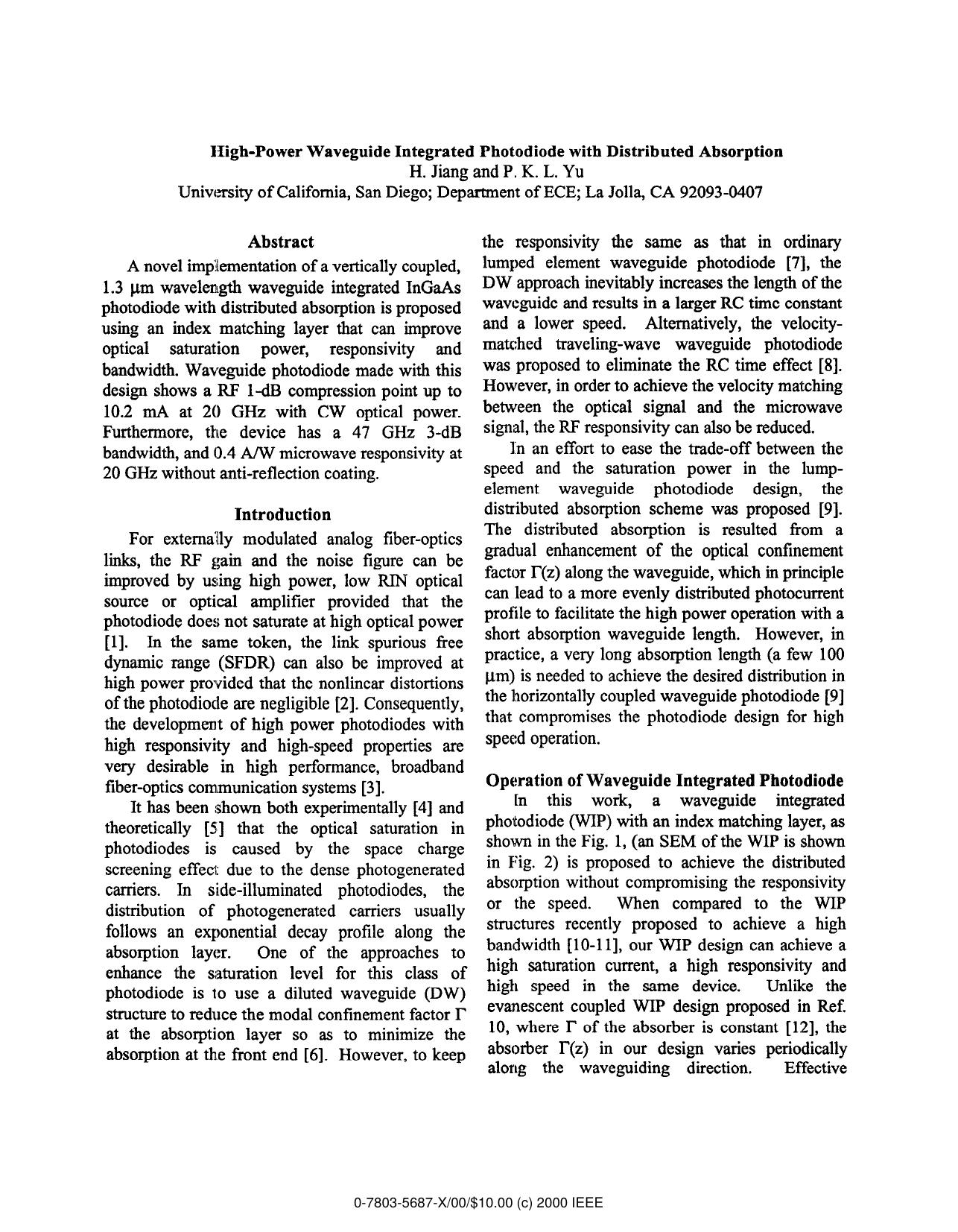 High-Power Waveguide Integrated Photodiode with Distributed Absorption by H. Jiang & P. K. L. Yu