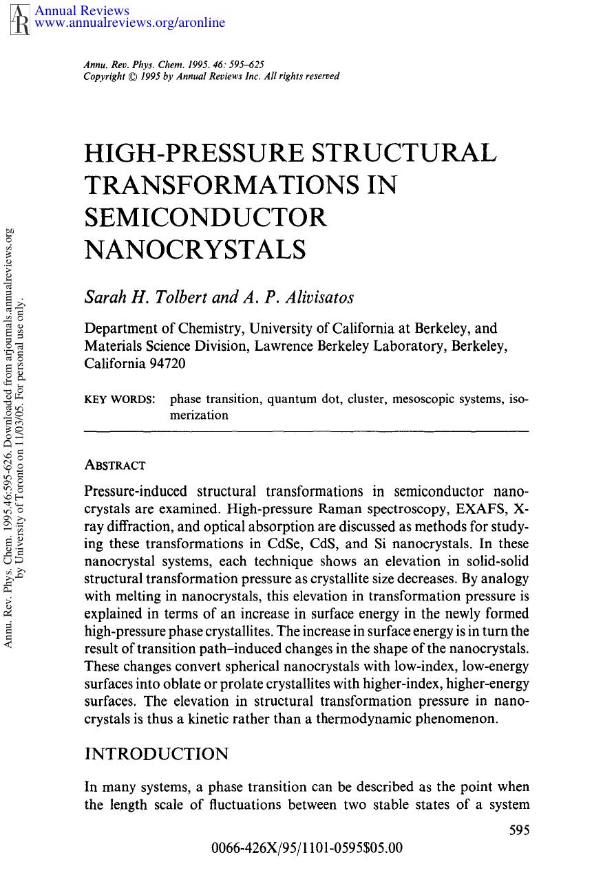 High-Pressure Structural Transformations in Semiconductor Nanocrystals by S H Tolbert & A P Alivisatos