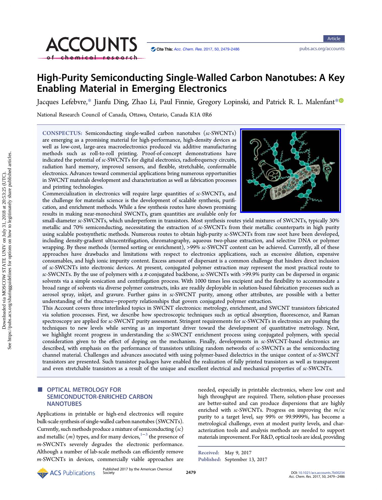 High-Purity Semiconducting Single-Walled Carbon Nanotubes: A Key Enabling Material in Emerging Electronics by Jacques Lefebvre Jianfu Ding Zhao Li Paul Finnie Gregory Lopinski & Patrick R. L. Malenfant