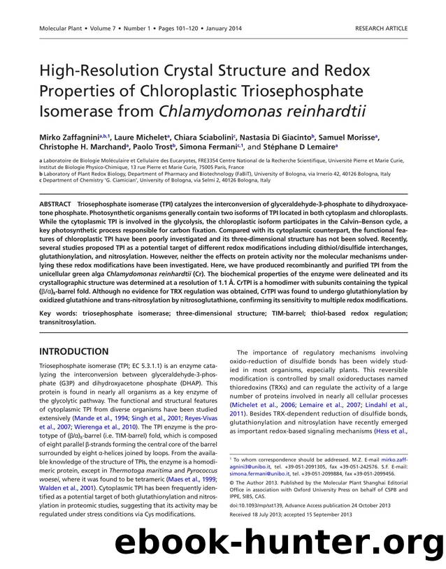 High-Resolution Crystal Structure and Redox Properties of Chloroplastic Triosephosphate Isomerase from Chlamydomonas reinhardtii by unknow