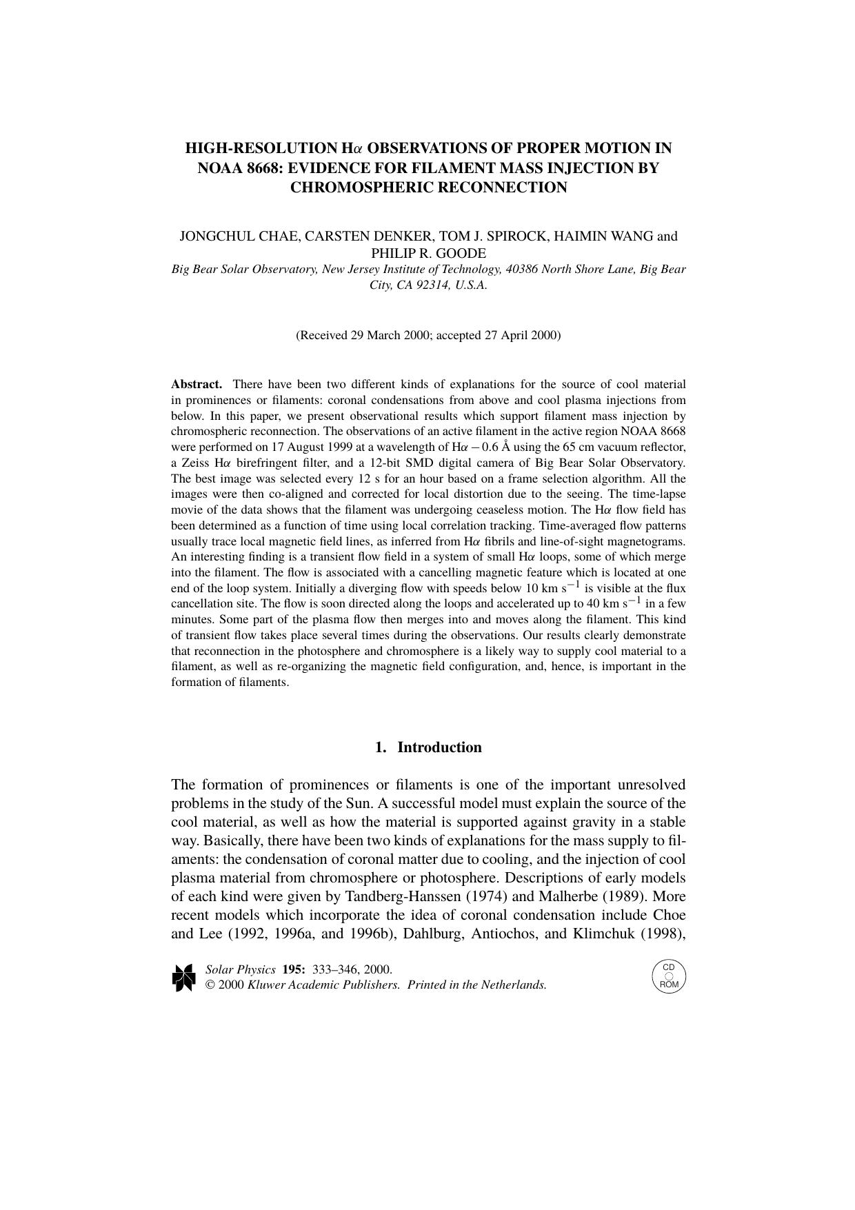 High-Resolution H&#x03B1; Observations of Proper Motion in NOAA 8668: Evidence for Filament Mass Injection by Chromospheric Reconnection by Unknown