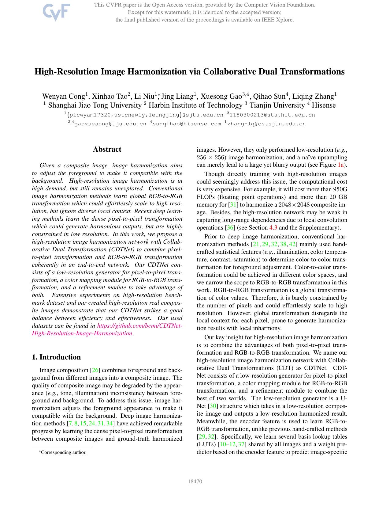 High-Resolution Image Harmonization via Collaborative Dual Transformations by Wenyan Cong & Xinhao Tao & Li Niu & Jing Liang & Xuesong Gao & Qihao Sun & Liqing Zhang