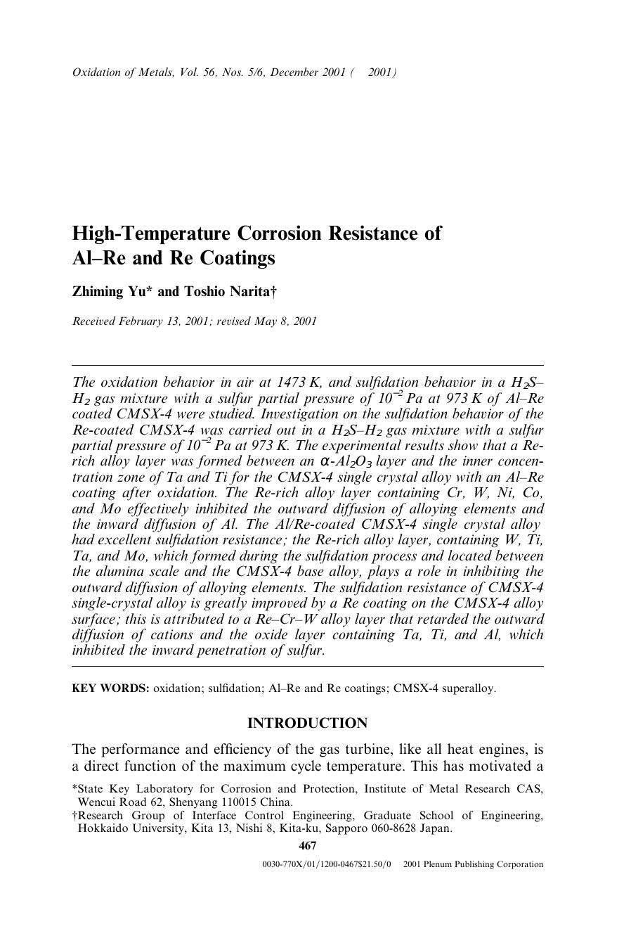 High-Temperature Corrosion Resistance of Al&#x2013;Re and Re Coatings by Unknown