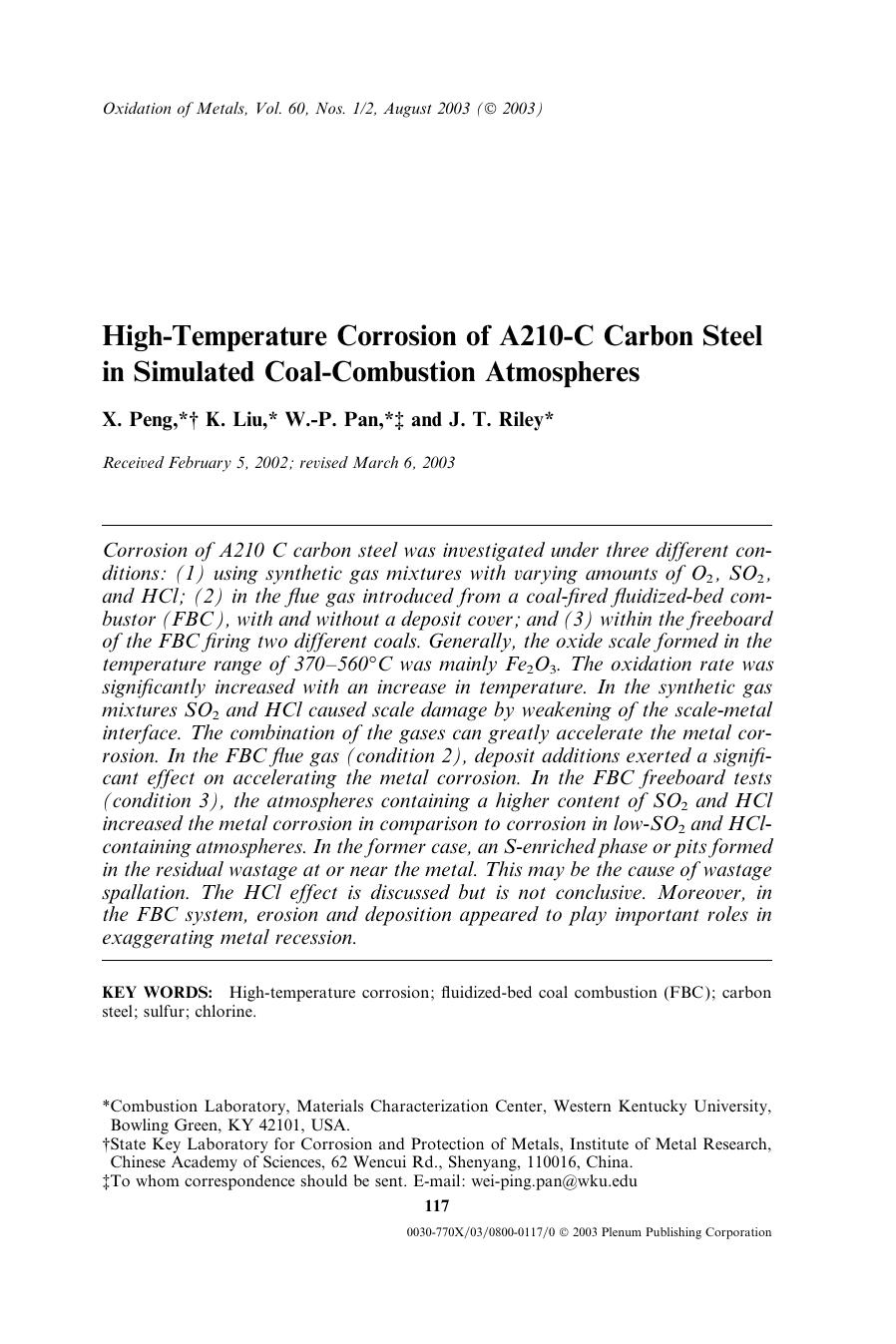 High-Temperature Corrosion of A210-C Carbon Steel in Simulated Coal-Combustion Atmospheres by Unknown
