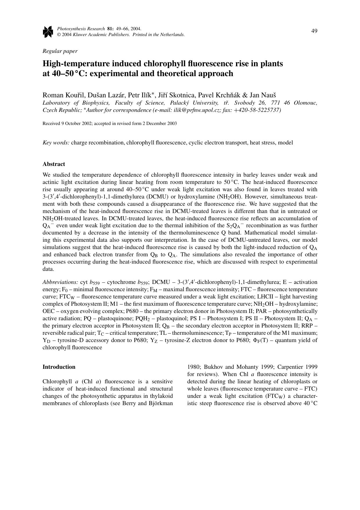 High-Temperature Induced Chlorophyll Fluorescence Rise in Plants at 40&#x2013;50 &#x00B0;C: Experimental and Theoretical Approach by Unknown