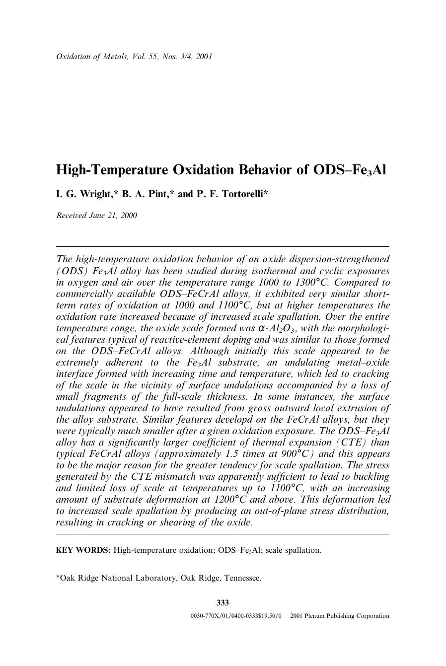 High-Temperature Oxidation Behavior of ODS&#x2013;Fe3Al by Unknown