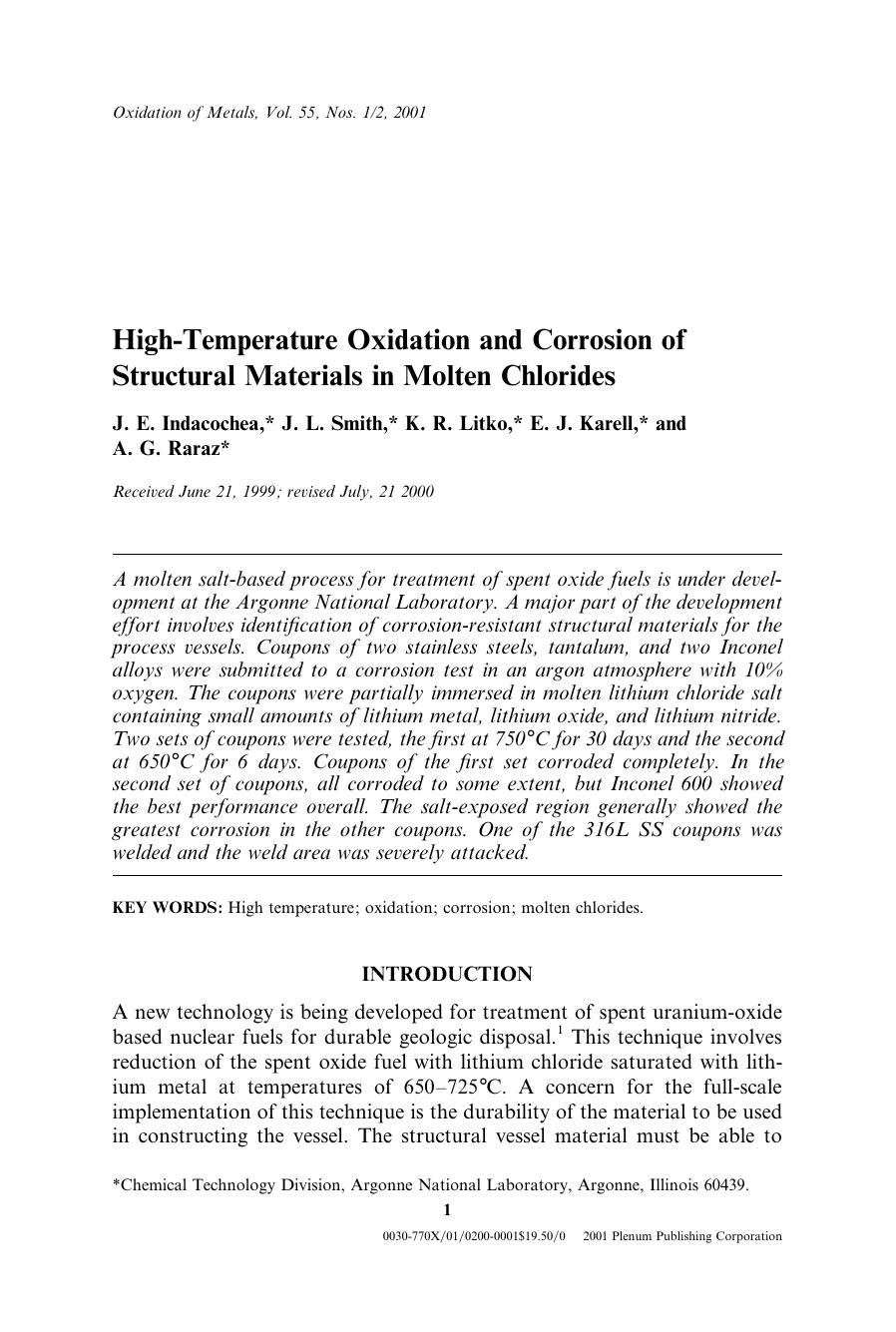 High-Temperature Oxidation and Corrosion of Structural Materials in Molten Chlorides by Unknown