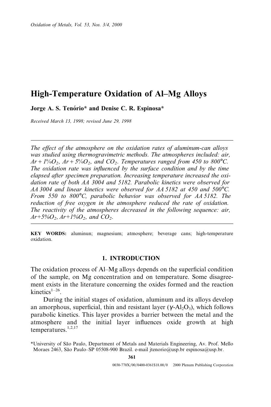High-Temperature Oxidation of Al&#x2013;Mg Alloys by Unknown