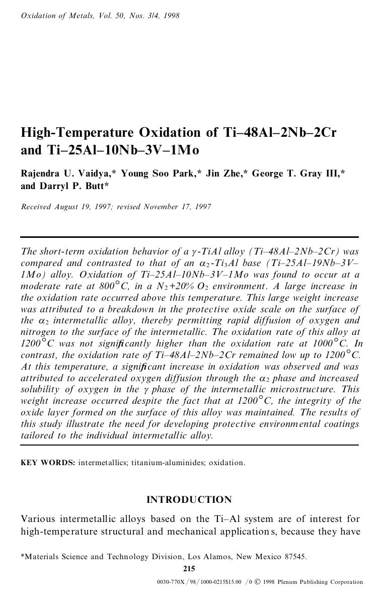 High-Temperature Oxidation of Ti-48Al-2Nb-2Cr and Ti-25Al-10Nb-3V-1Mo by Unknown