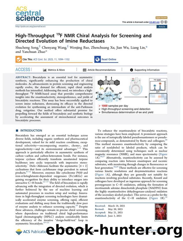 High-Throughput 19F NMR Chiral Analysis for Screening and Directed Evolution of Imine Reductases by Shucheng Song & Chenyang Wang & Wenjing Bao & Zhenchuang Xu & Jian Wu & Liang Lin & Yanchuan Zhao