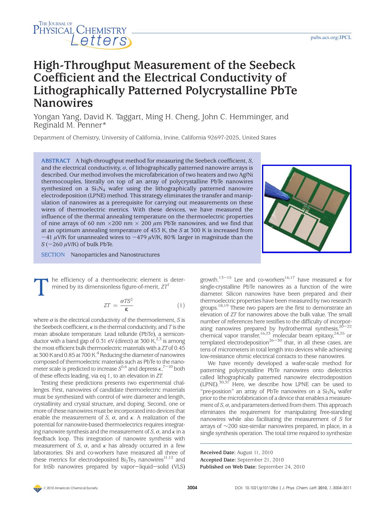 High-Throughput Measurement of the Seebeck Coefficient and the Electrical Conductivity of Lithographically Patterned Polycrystalline PbTe Nanowires by Unknown