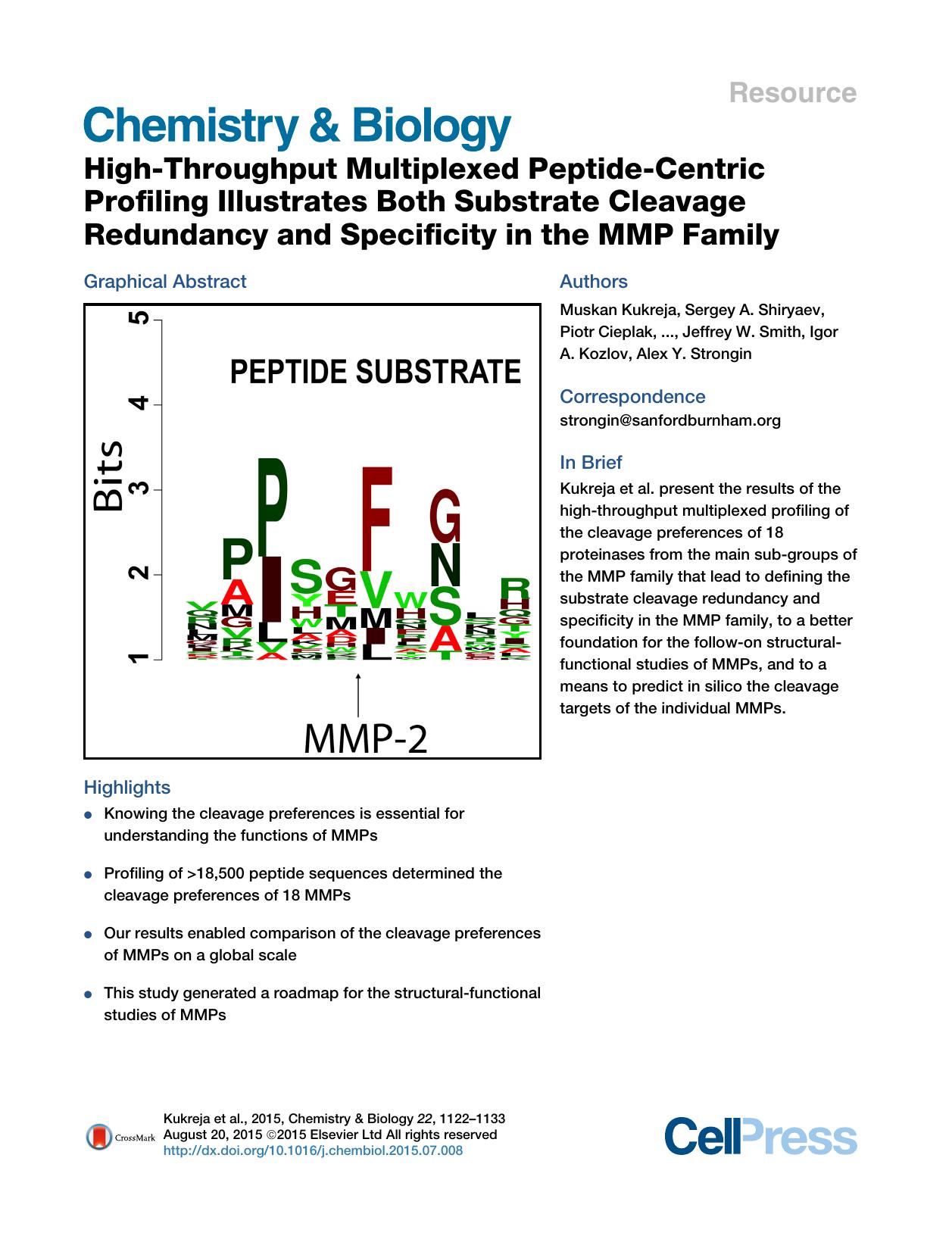 High-Throughput Multiplexed Peptide-Centric Profiling Illustrates Both Substrate Cleavage Redundancy and Specificity in the MMP Family by unknow