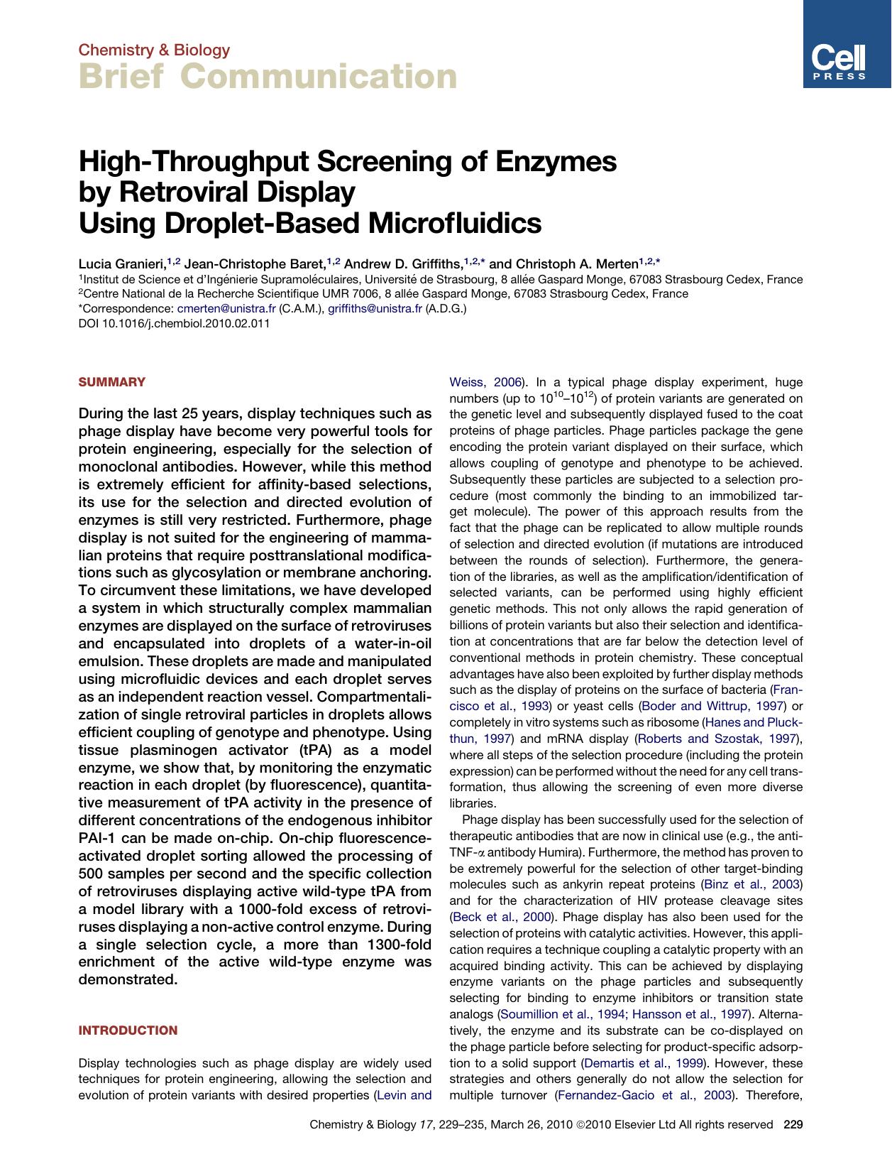 High-Throughput Screening of Enzymes by Retroviral Display Using Droplet-Based Microfluidics by Lucia Granieri; Jean-Christophe Baret; Andrew D. Griffiths; Christoph A. Merten