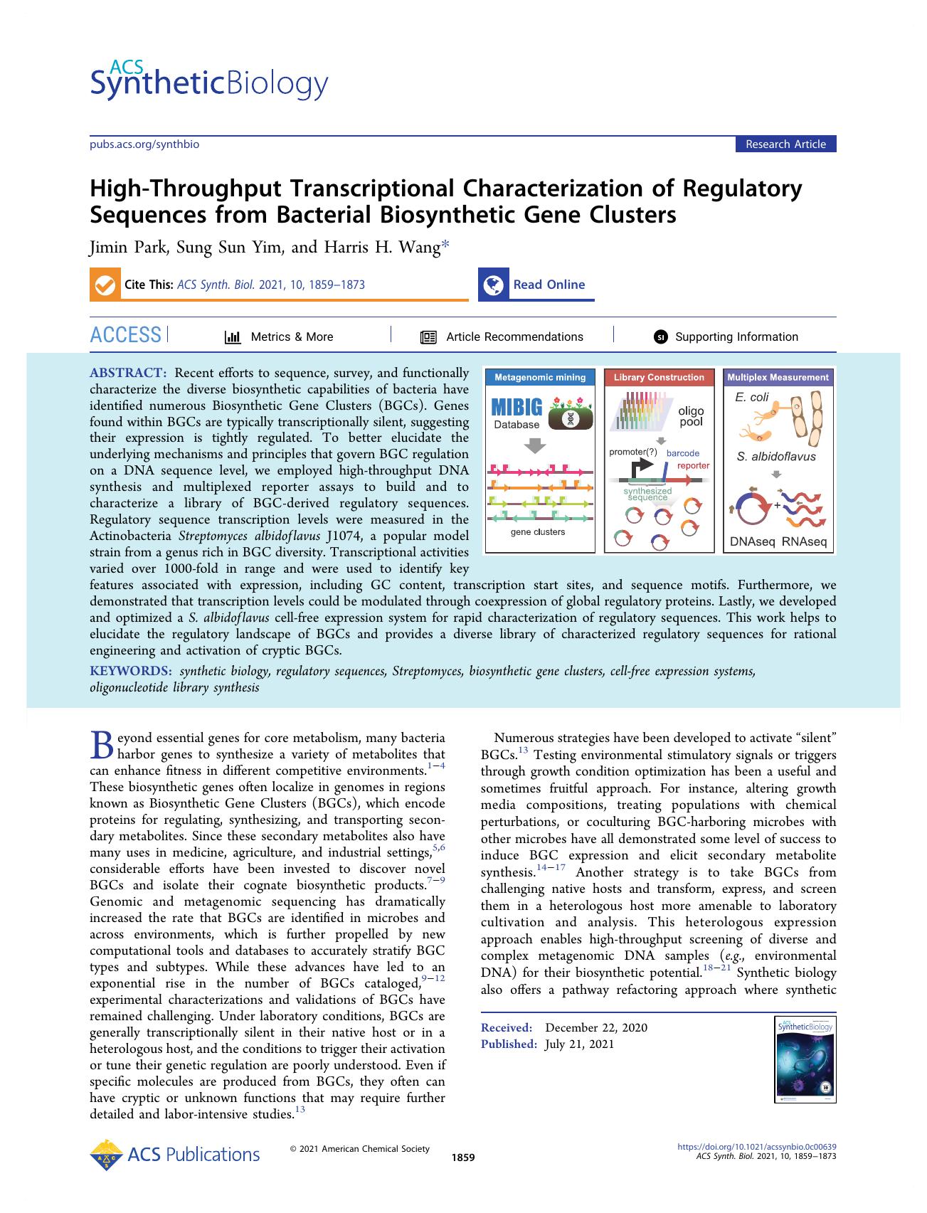 High-Throughput Transcriptional Characterization of Regulatory Sequences from Bacterial Biosynthetic Gene Clusters by Jimin Park Sung Sun Yim and Harris H. Wang