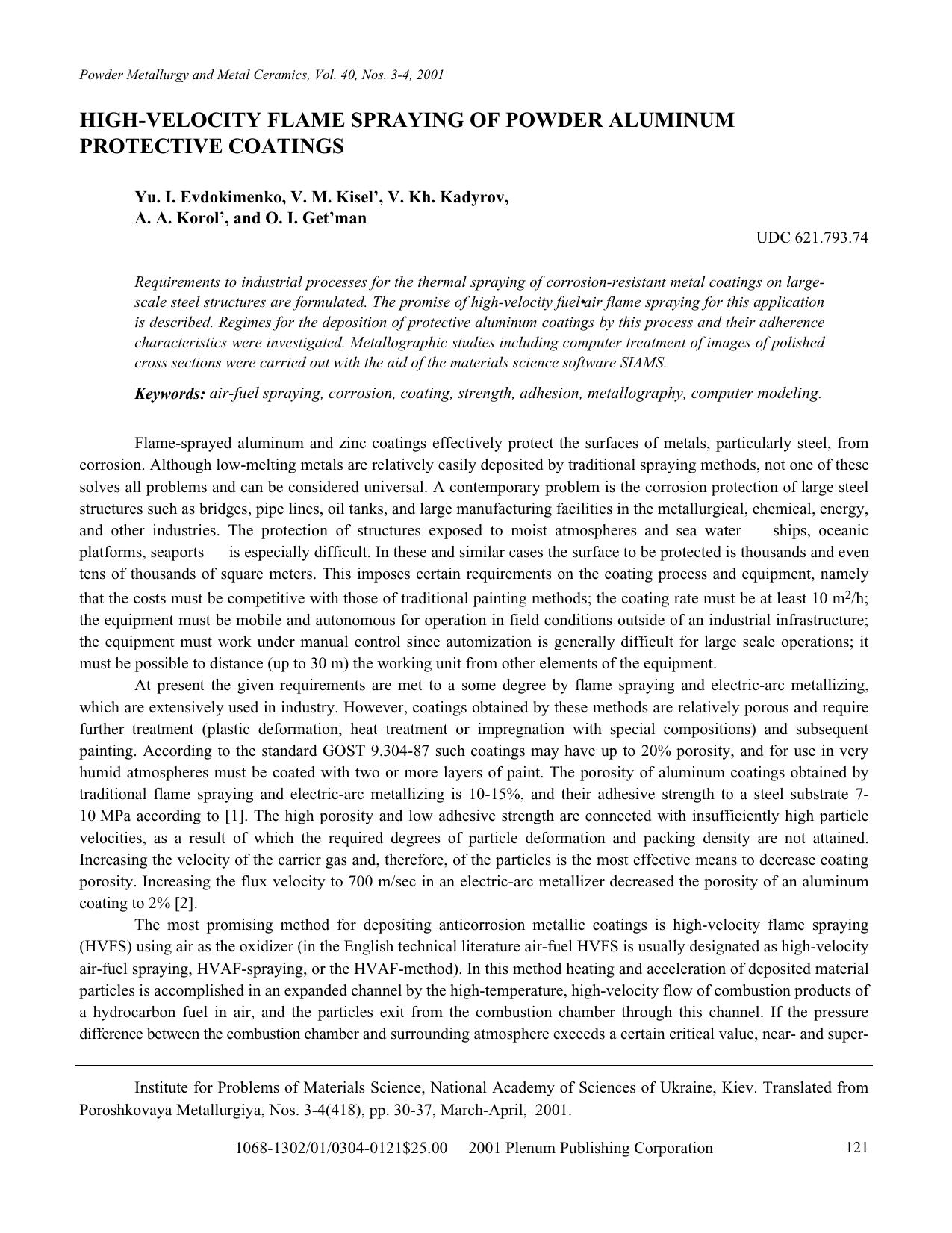 High-Velocity Flame Spraying of Powder Aluminum Protective Coatings by Unknown