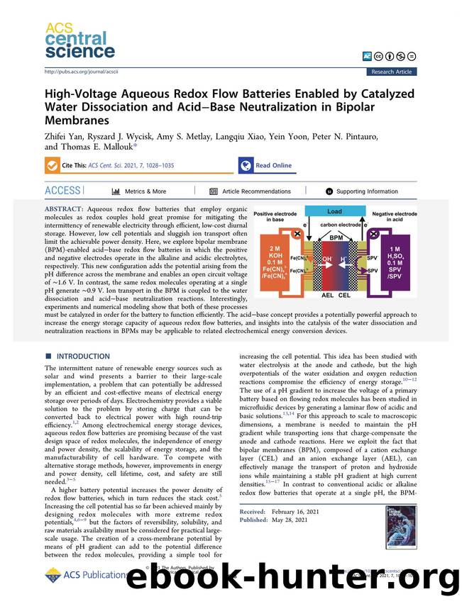 High-Voltage Aqueous Redox Flow Batteries Enabled by Catalyzed Water Dissociation and AcidâBase Neutralization in Bipolar Membranes by unknow
