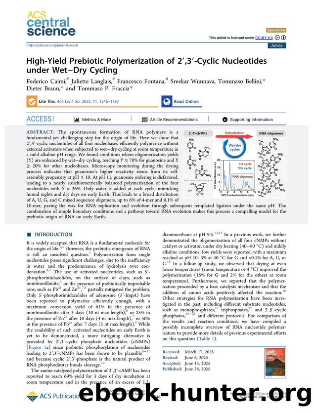 High-Yield Prebiotic Polymerization of 2â²,3â²-Cyclic Nucleotides under WetâDry Cycling by unknow
