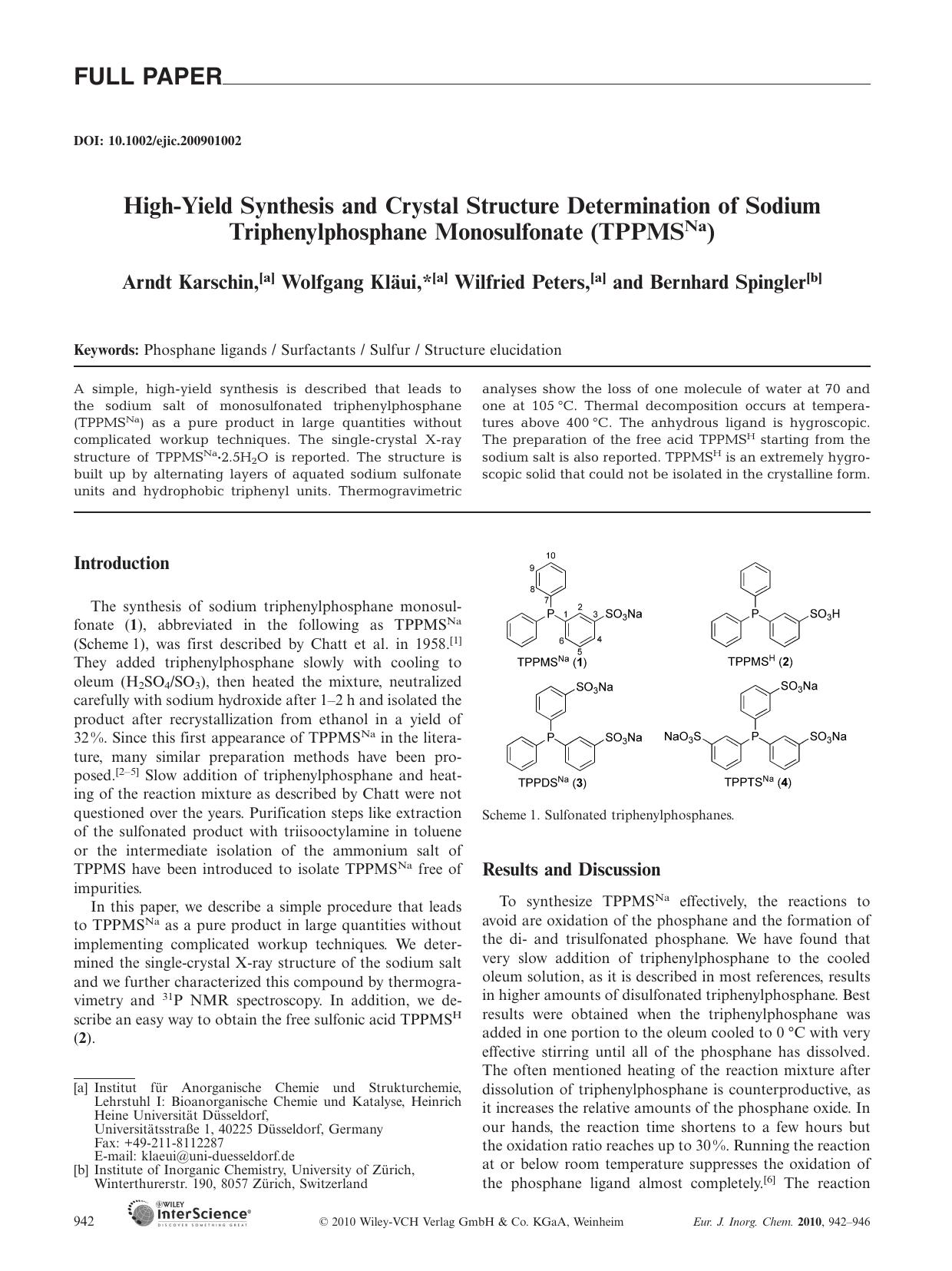 High-Yield Synthesis and Crystal Structure Determination of Sodium Triphenylphosphane Monosulfonate (TPPMSNa) by Unknown