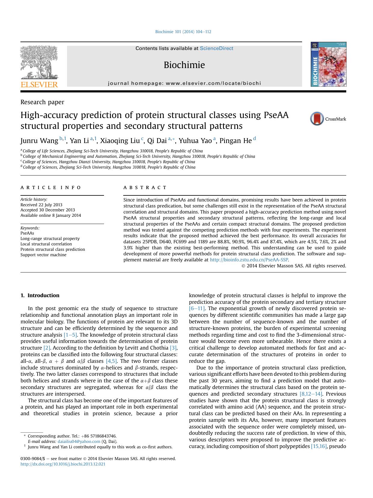 High-accuracy prediction of protein structural classes using PseAA structural properties and secondary structural patterns by Junru Wang & Yan Li & Xiaoqing Liu & Qi Dai & Yuhua Yao & Pingan He