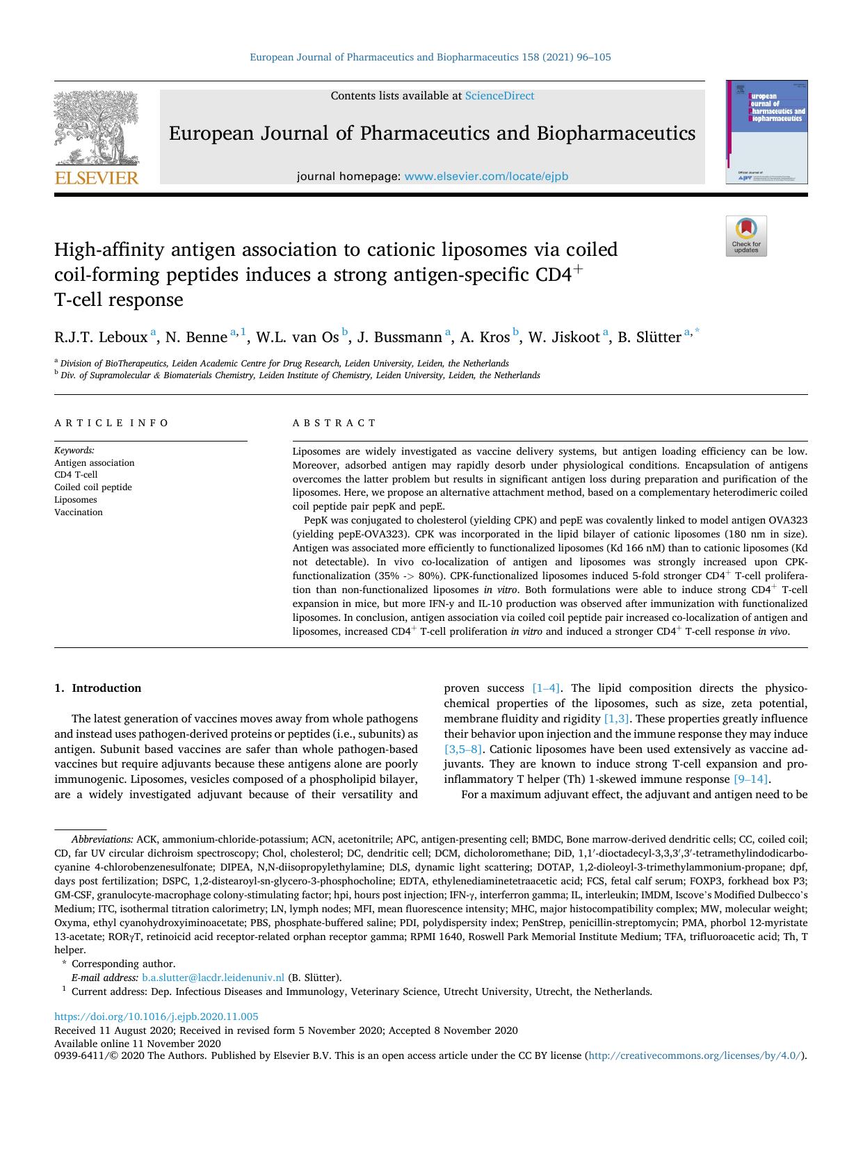 High-affinity antigen association to cationic liposomes via coiled coil-forming peptides induces a strong antigen-specific CD4+ T-cell response by R.J.T. Leboux & N. Benne & W.L. van Os & J. Bussmann & A. Kros & W. Jiskoot & B. Slütter