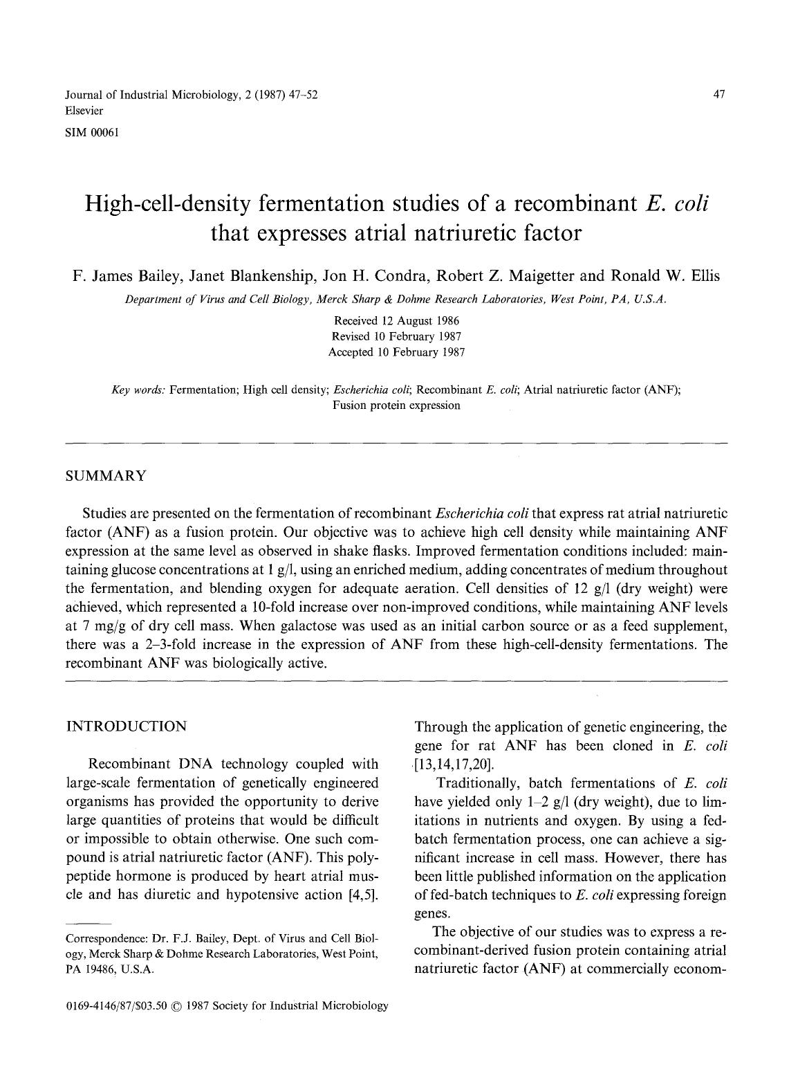 High-cell-density fermentation studies of a recombinant <Emphasis Type="Italic">E. coli <Emphasis> that expresses atrial natriuretic factor by Unknown