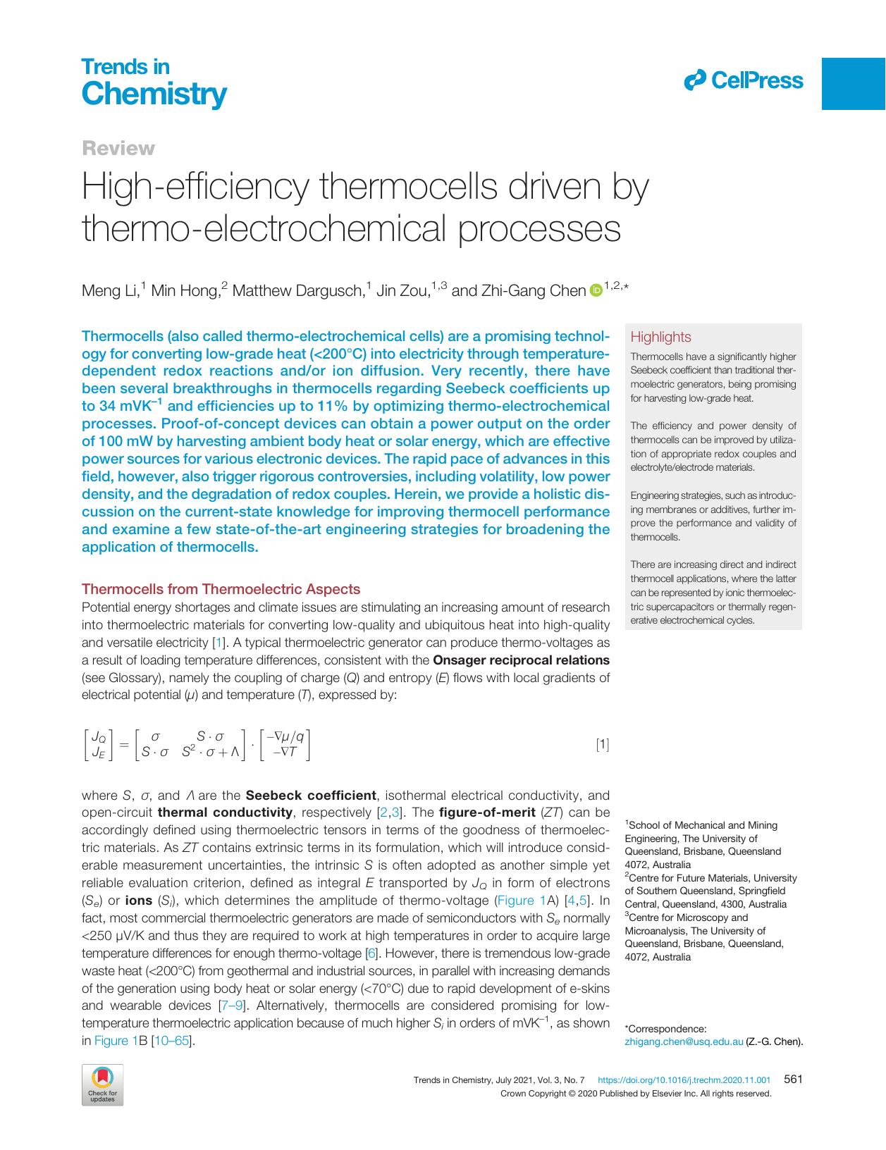 High-efficiency thermocells driven by thermo-electrochemical processes by Meng Li & Min Hong & Matthew Dargusch & Jin Zou & Zhi-Gang Chen