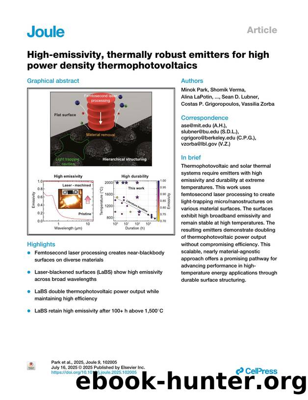 High-emissivity, thermally robust emitters for high power density thermophotovoltaics by unknow