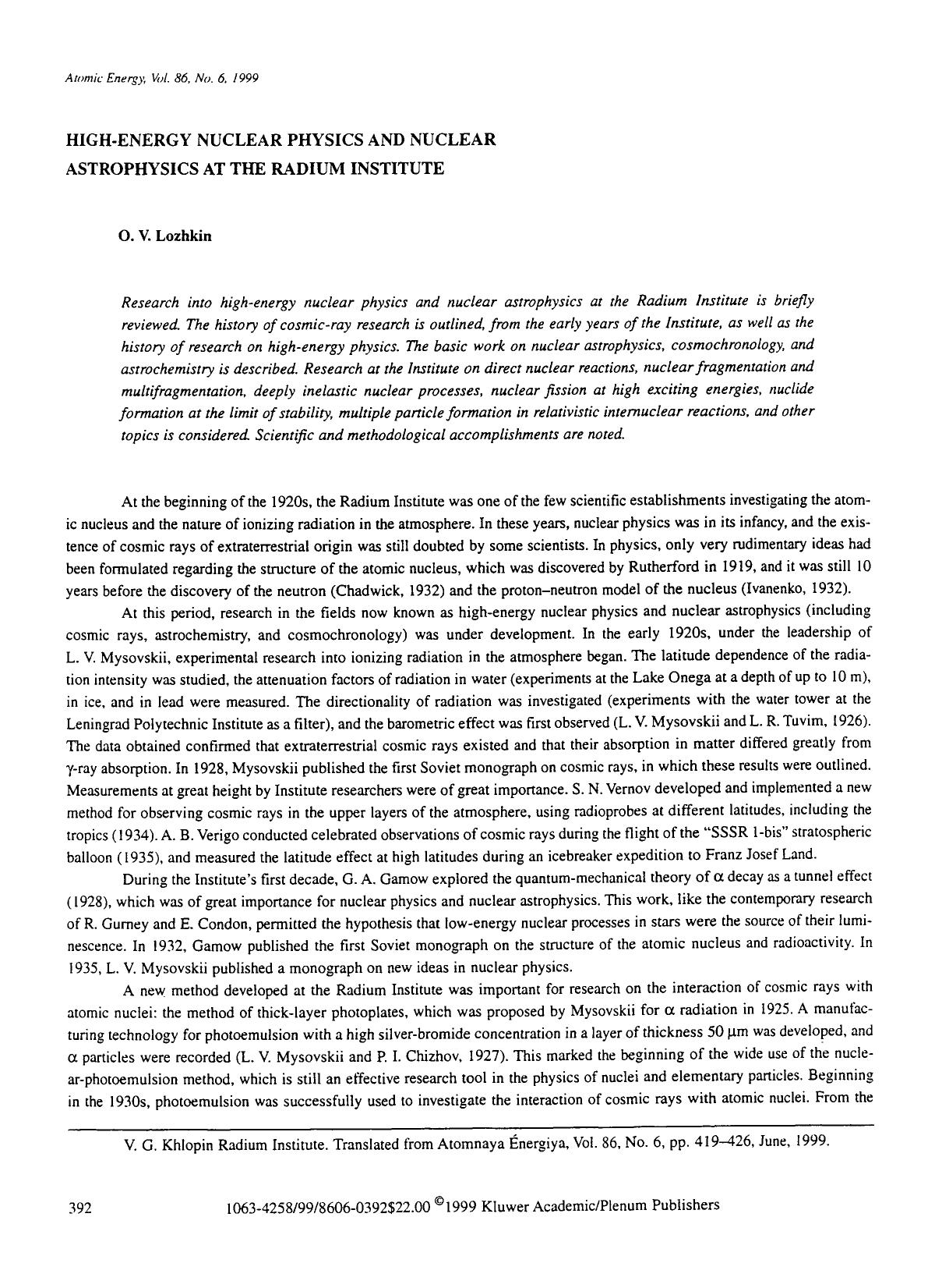 High-energy nuclear physics and nuclear astrophysics at the Radium Institute by Unknown