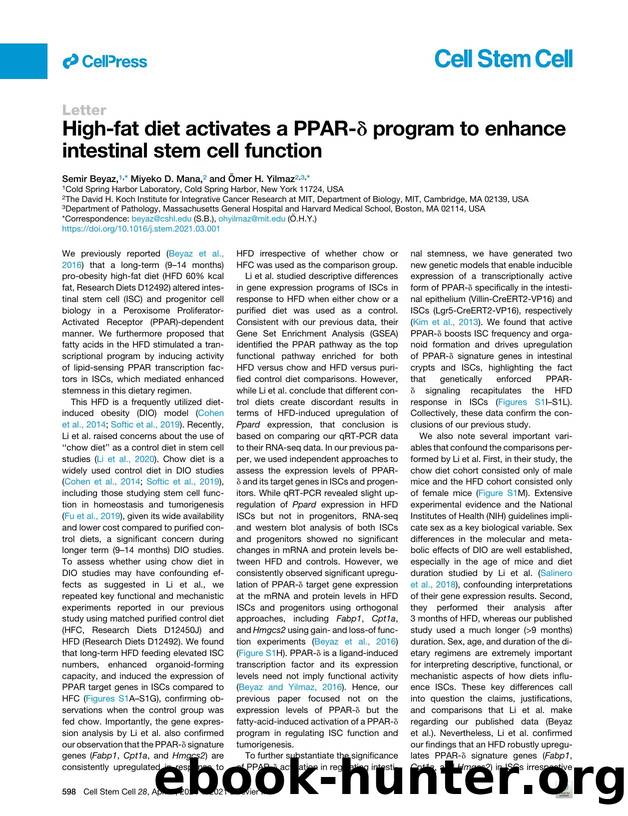 High-fat diet activates a PPAR-&delta; program to enhance intestinal stem cell function by Semir Beyaz & Miyeko D. Mana & Ömer H. Yilmaz