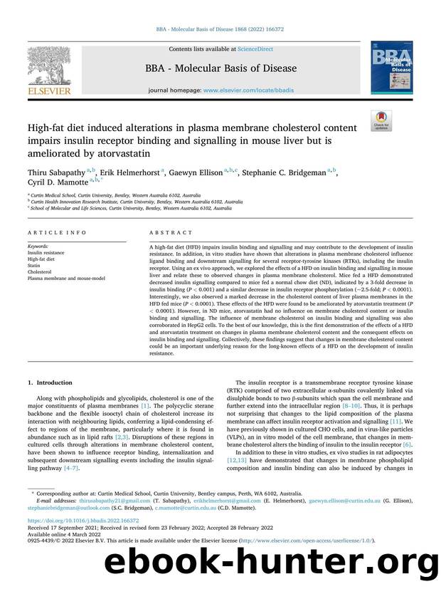 High-fat diet induced alterations in plasma membrane cholesterol content impairs insulin receptor binding and signalling in mouse liver but is ameliorated by atorvastatin by Thiru Sabapathy & Erik Helmerhorst & Gaewyn Ellison & Stephanie C. Bridgeman & Cyril D. Mamotte