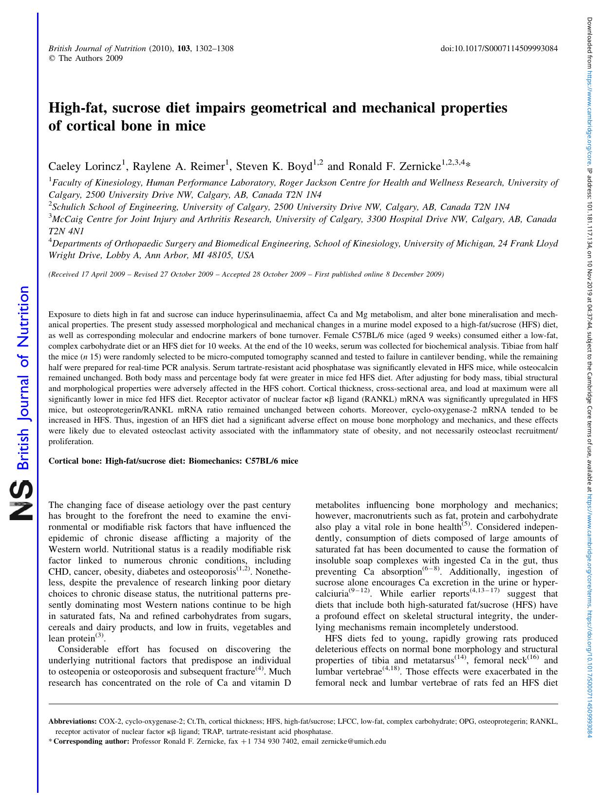 High-fat, sucrose diet impairs geometrical and mechanical properties of cortical bone in mice by Caeley Lorincz Raylene A. Reimer Steven K. Boyd Ronald F. Zernicke