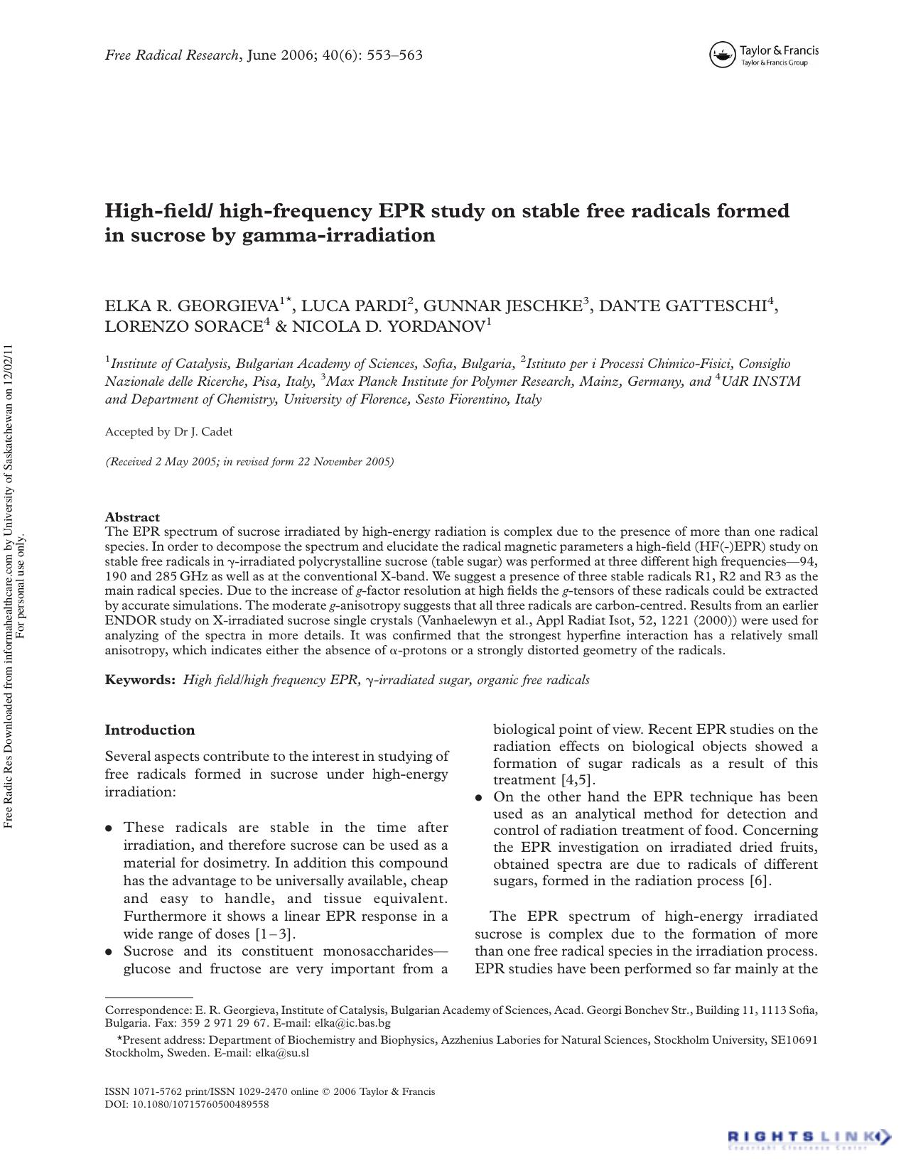 High-field high-frequency EPR study on stable free radicals formed in sucrose by gamma-irradiation by unknow