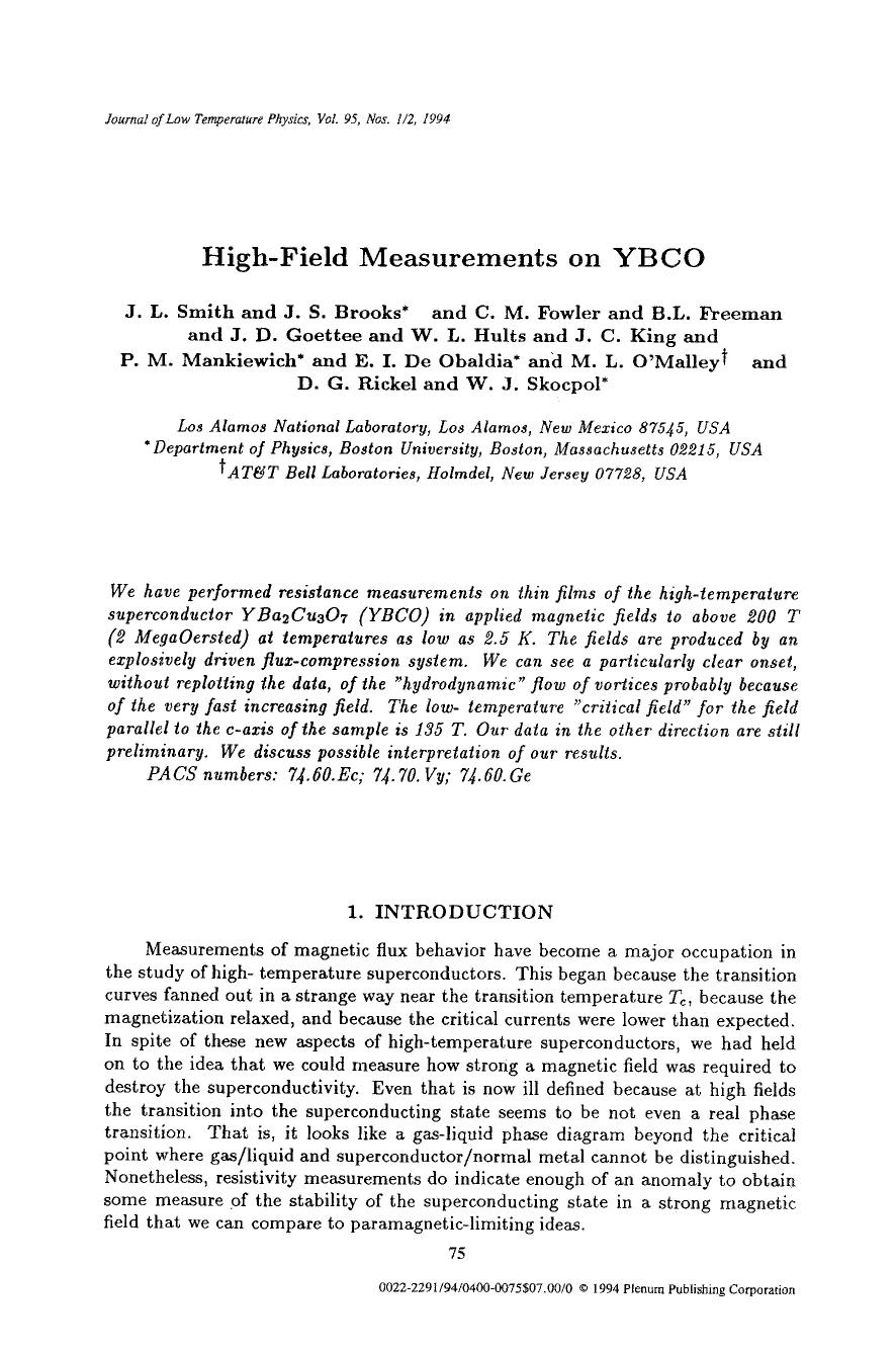 High-field measurements on YBCO by Unknown