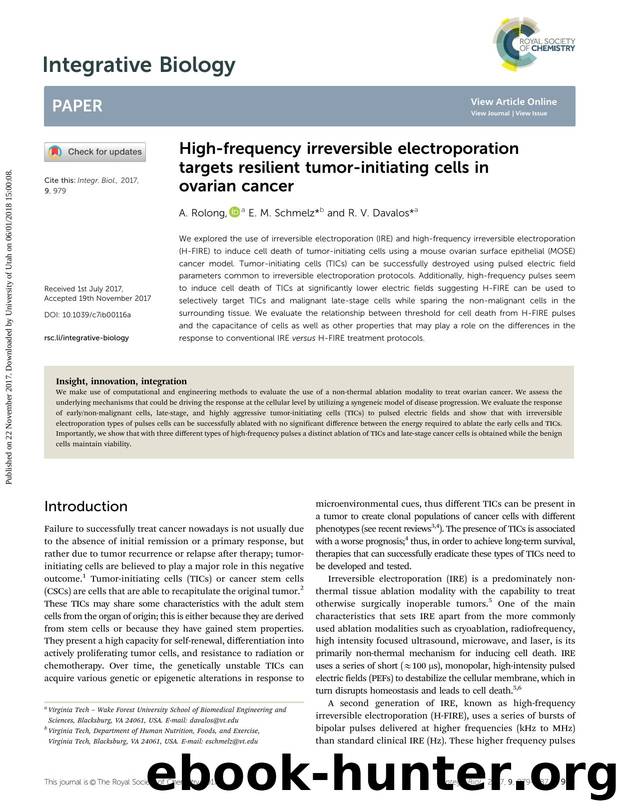 High-frequency irreversible electroporation targets resilient tumor-initiating cells in ovarian cancer by A. Rolong & E. M. Schmelz & R. V. Davalos