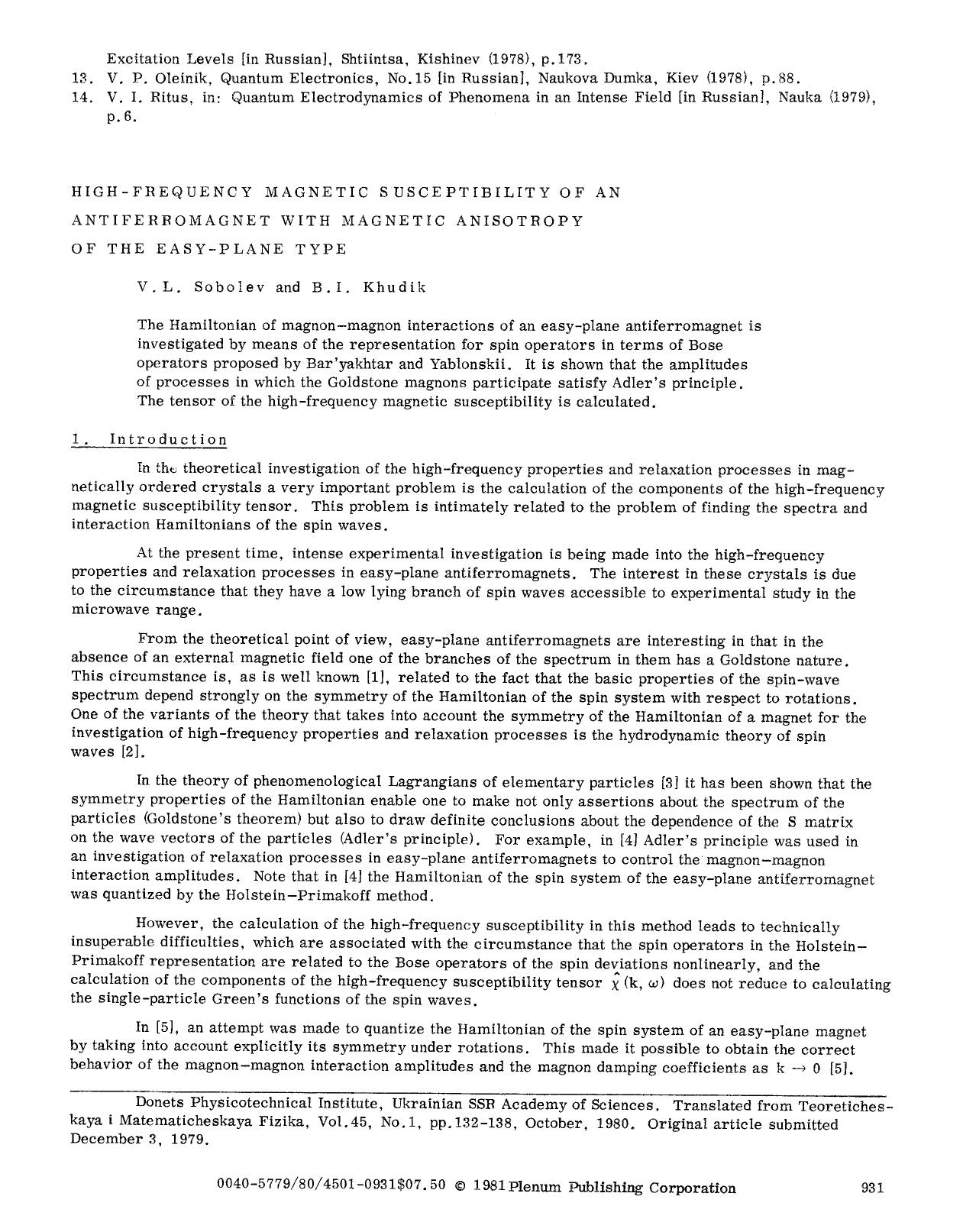 High-frequency magnetic susceptibility of an antiferromagnet with magnetic anisotropy of the easy-plane type by Unknown