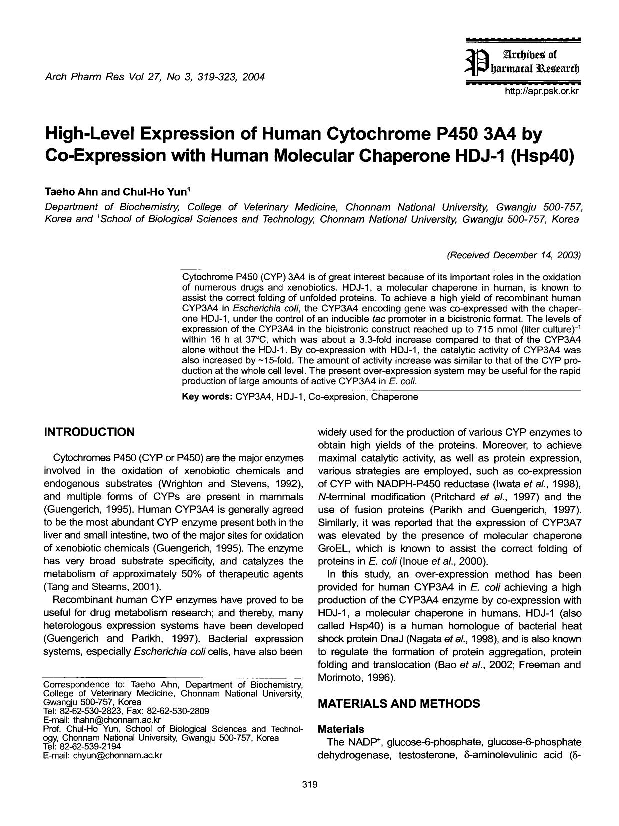 High-level expression of human cytochrome P450 3A4 by co-expression with Human molecular chaperone HDJ-1 (Hsp40) by Unknown